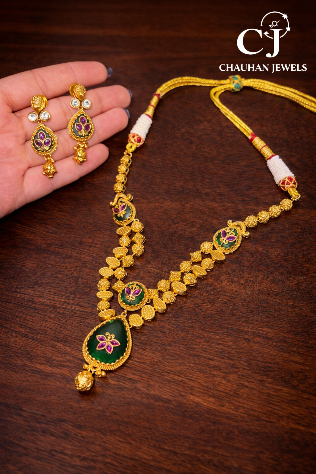 Elegant Gold Plated Meenakari Necklace Set with Emerald Green & Ruby Pink Accents