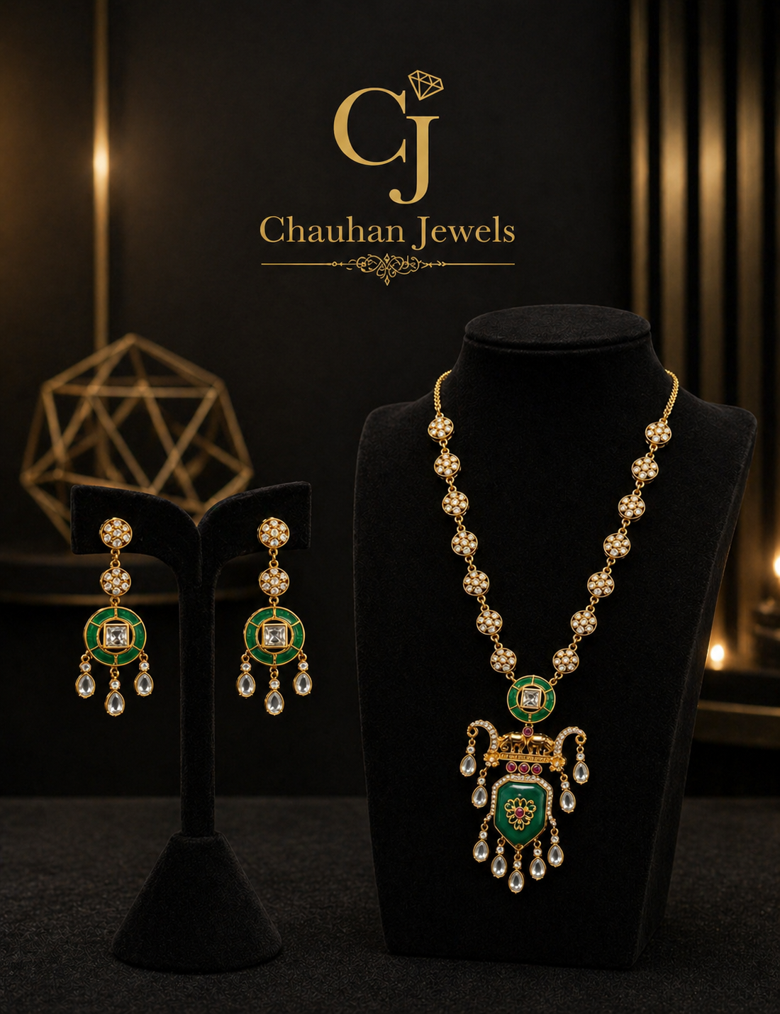 Majestic Green & Gold Enamelled Jewelry Set – Necklace & Earrings