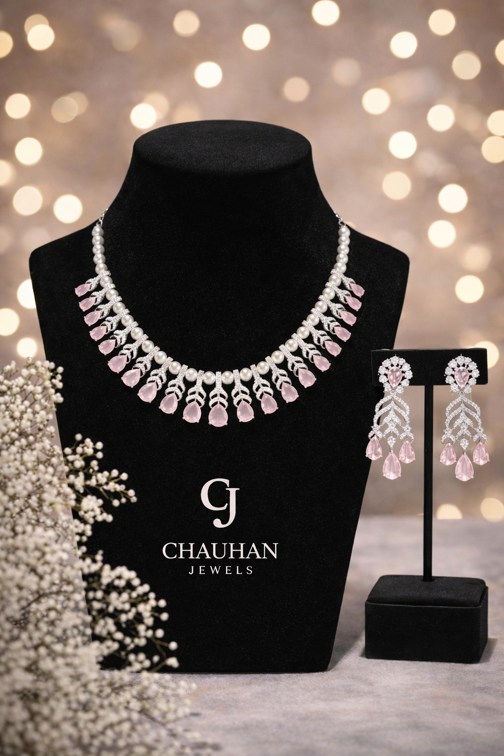 Sparkle in Elegance: Cubic Zirconia & Rose Pink Stone Gold Plated Necklace Set
