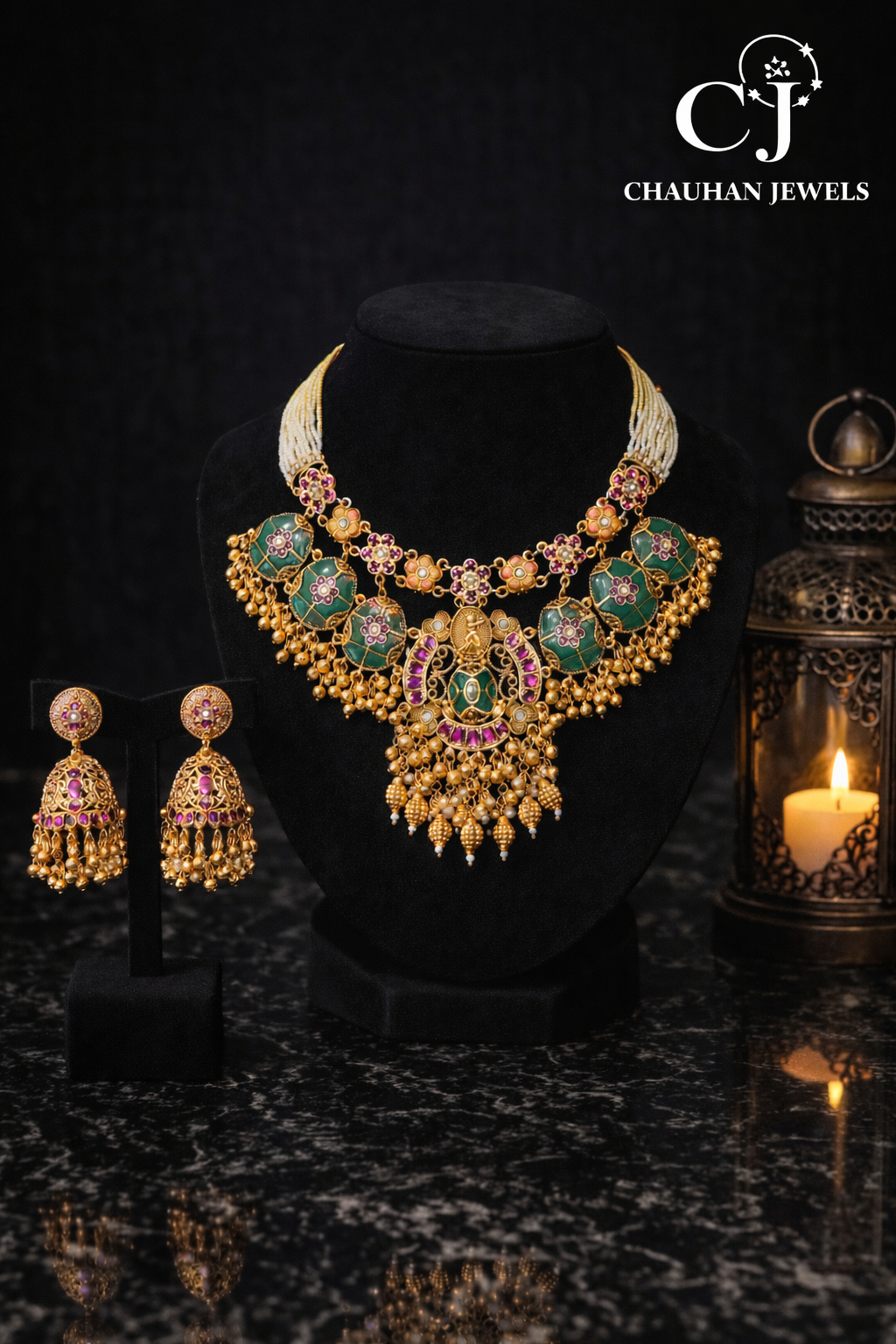 Elegant Antique Gold-Plated CZ & Emerald Green Necklace Set