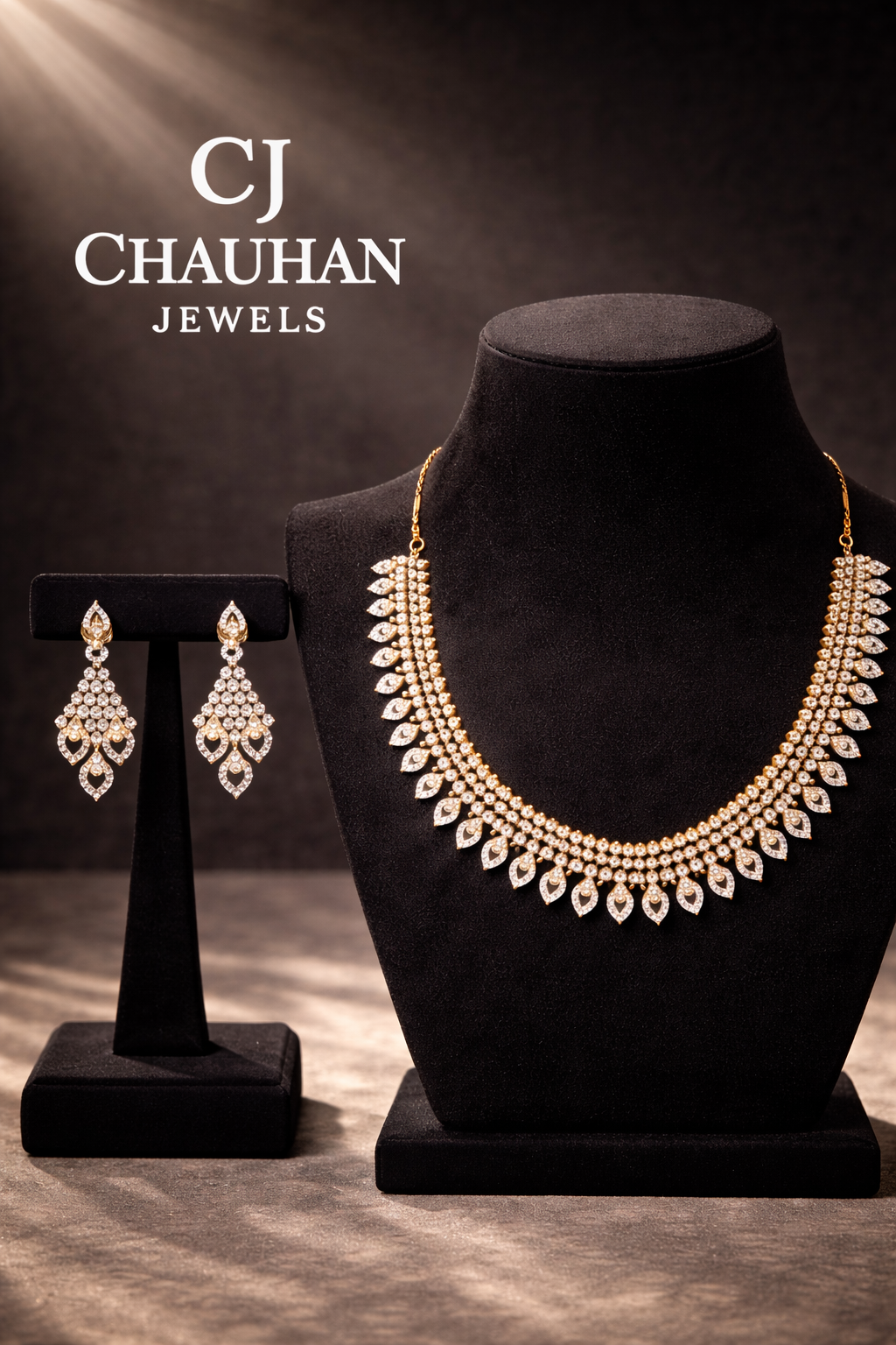 Exquisite Gold Plated Cubic Zirconia Choker Necklace & Chandelier Earrings Set