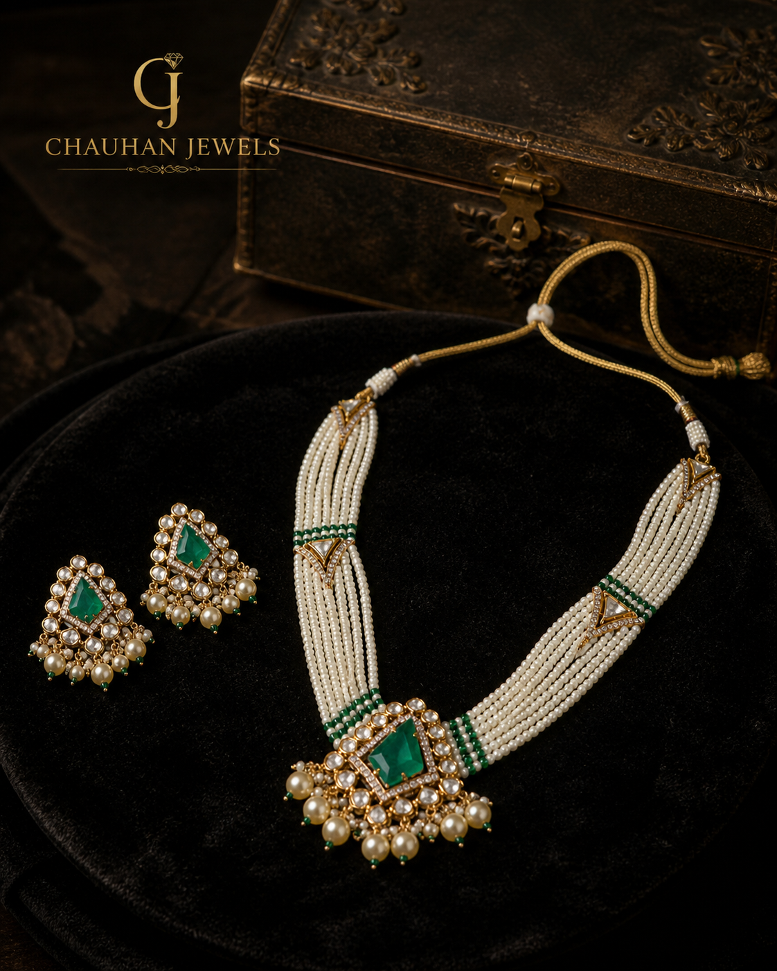 Elegant Pearl & Emerald Green Cubic Zirconia Choker Necklace Set