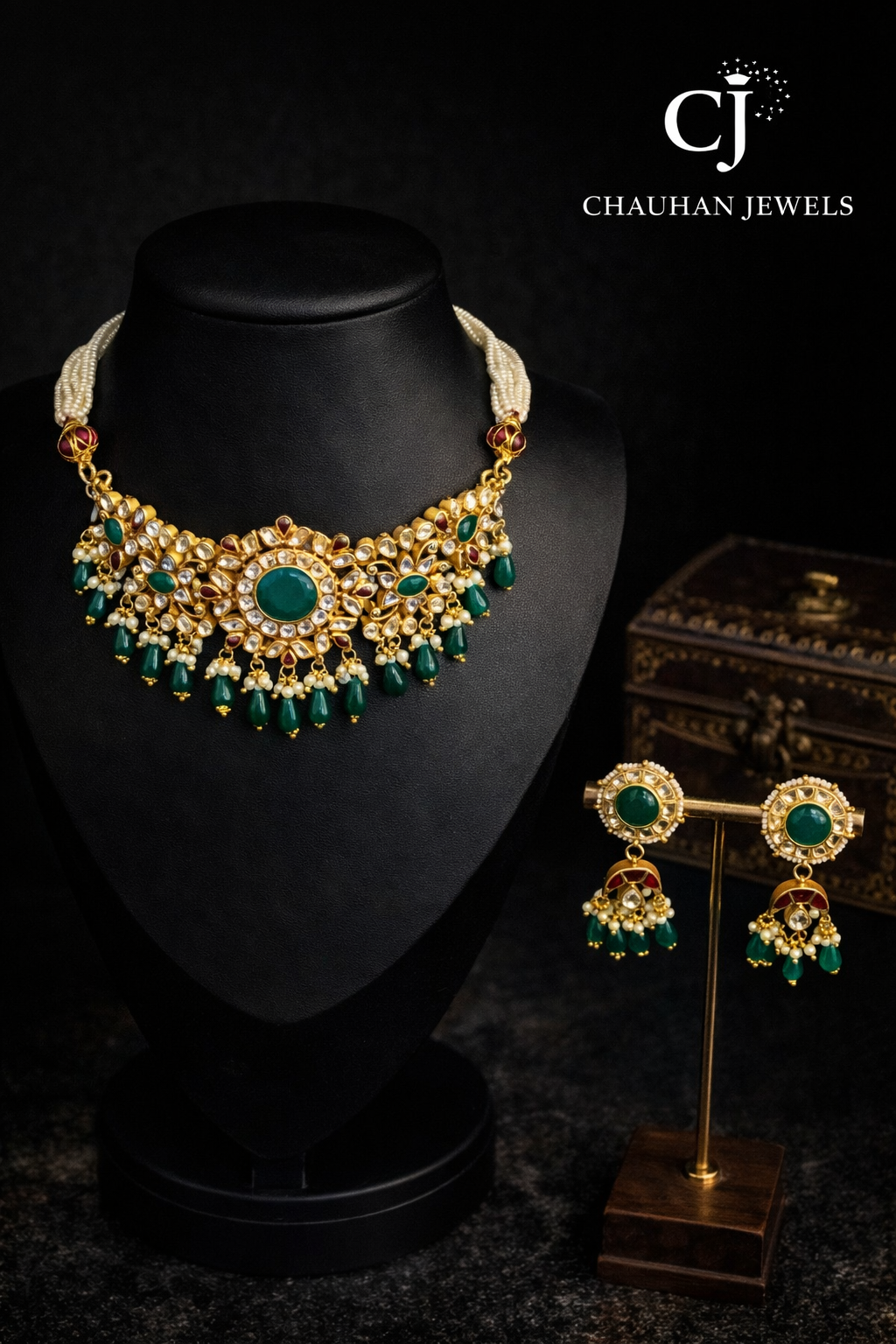 Imperial Emerald & Kundan-Style Gold Plated Necklace Set