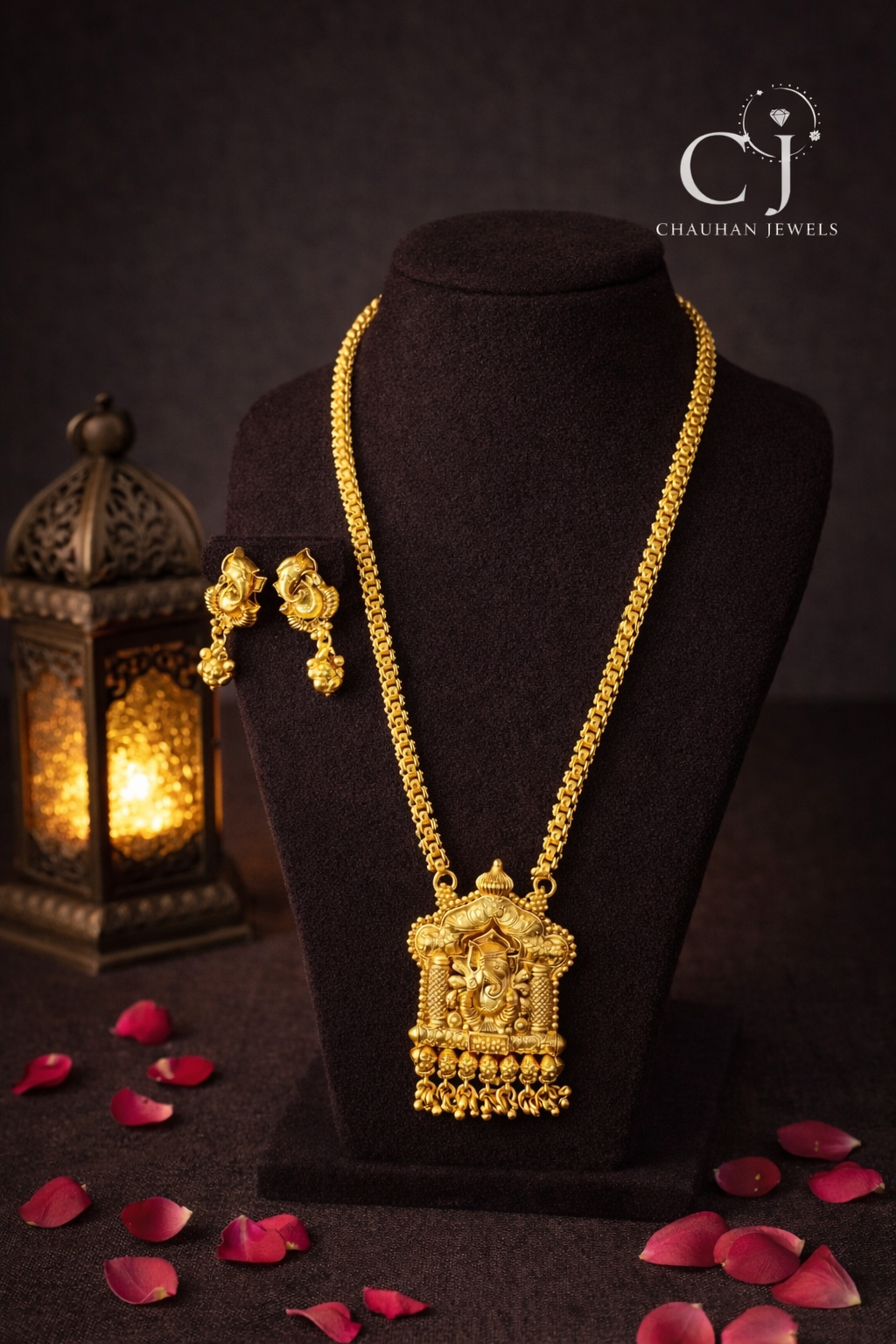 Divine Ganesha Gold-Plated Long Pendant Necklace Set with Cubic Zirconia & Colored Stones