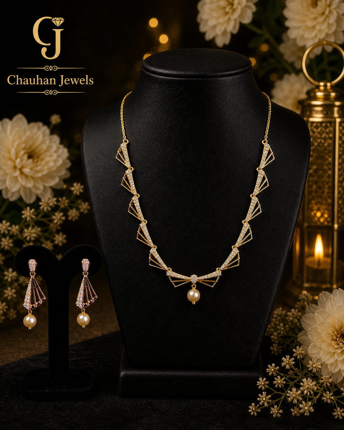 Chauhan Jewels Art Deco Geometric Gold Plated Necklace & Earring Set with Cubic Zirconia & Pearl Drop