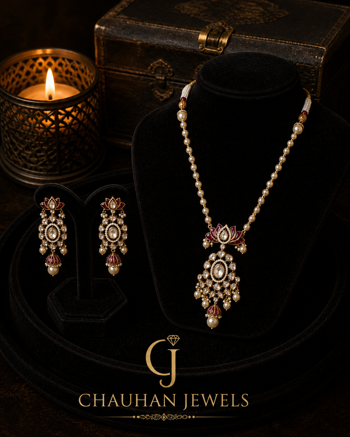 Elegant Cubic Zirconia & Red Enamel Gold-Plated Necklace Set