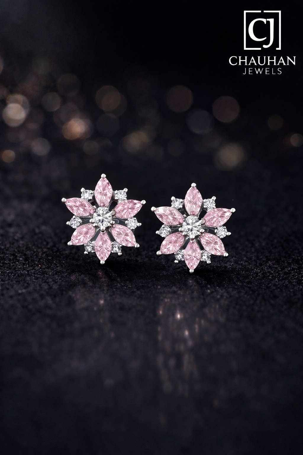 Sparkling Floral Elegance: Pink & White Stone Stud Earrings