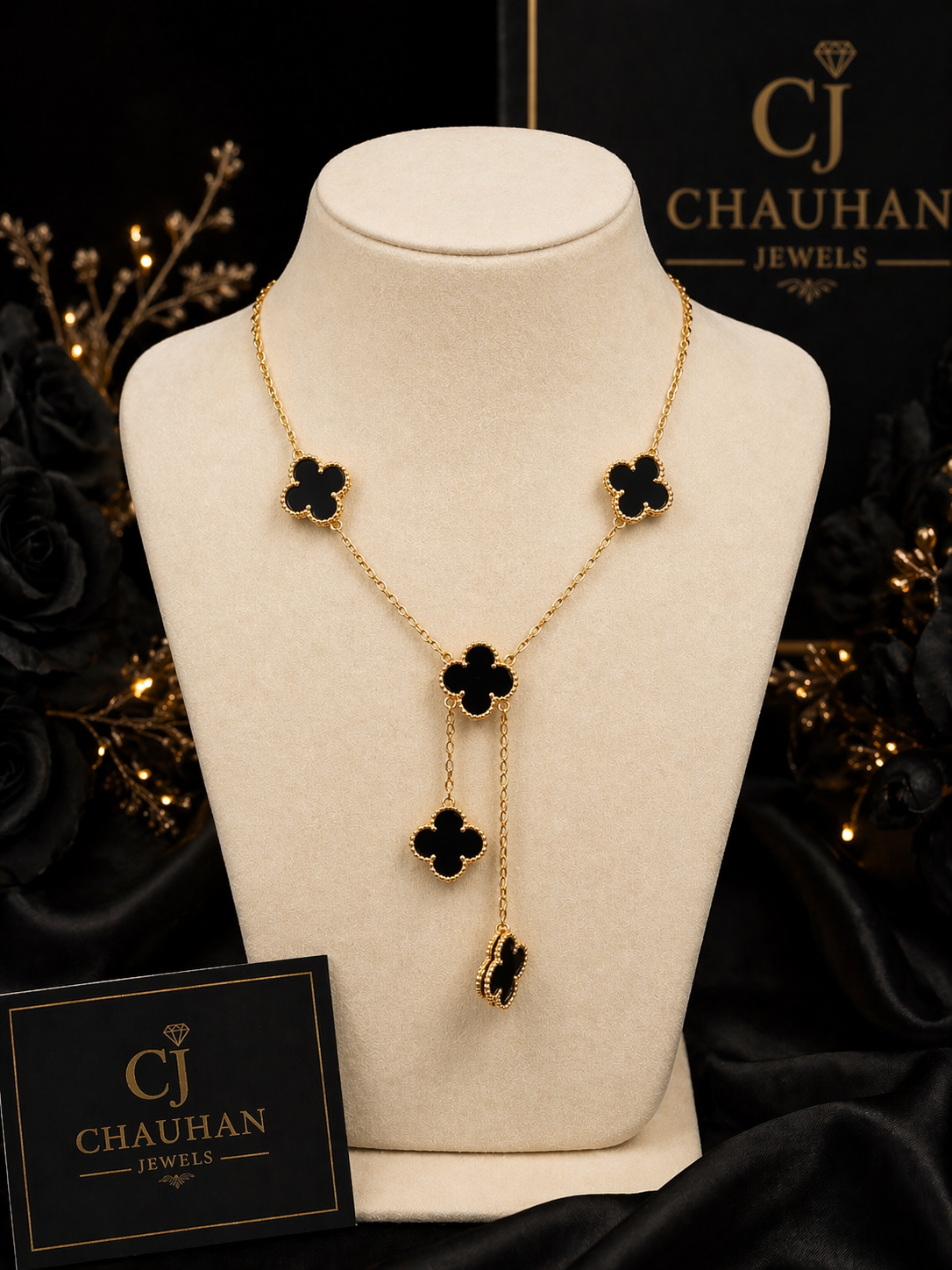 Gold Plated Onyx-Style Clover Drop Necklace