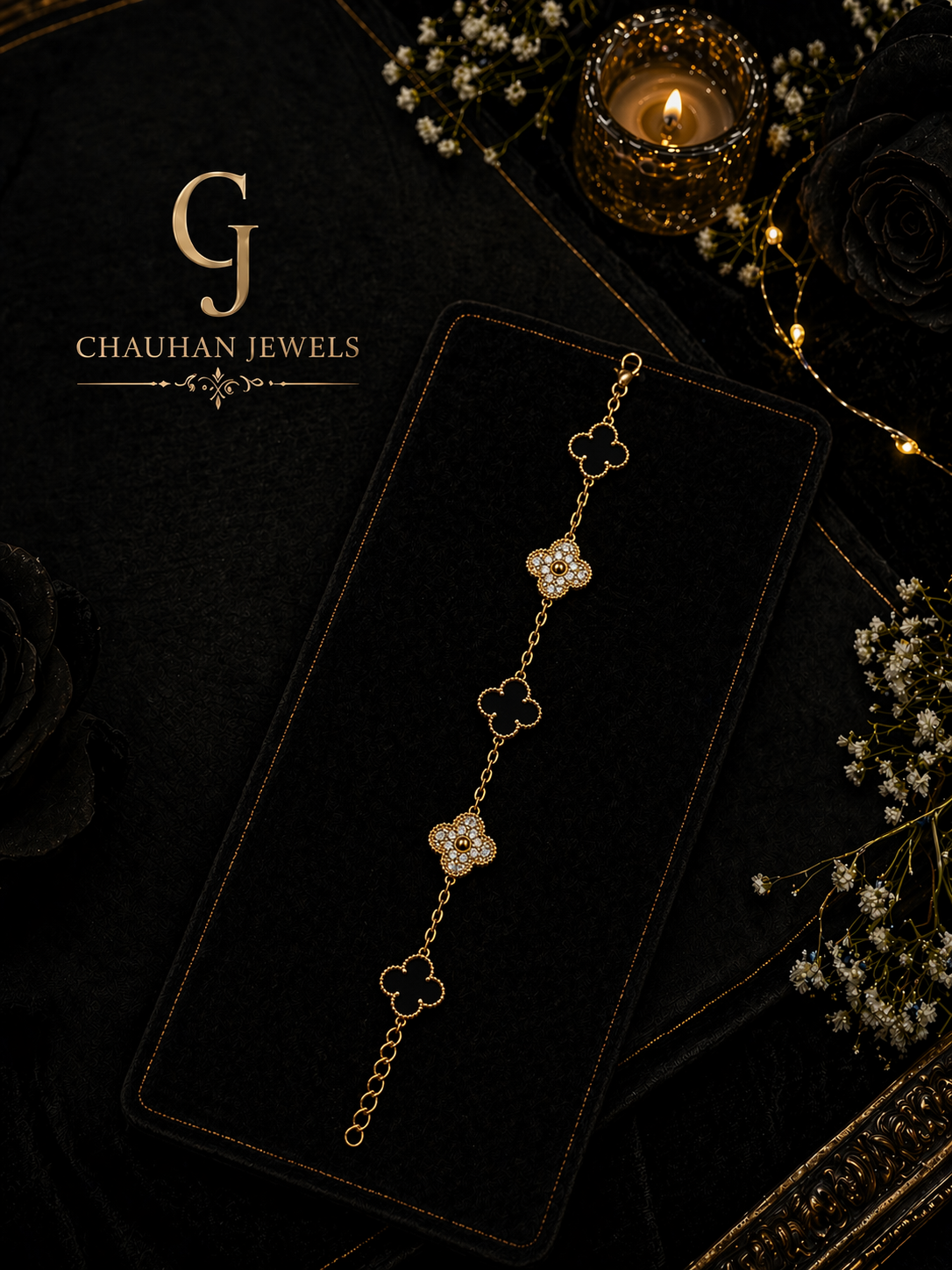Elegant Clover Motif Gold-Plated Bracelet with Cubic Zirconia