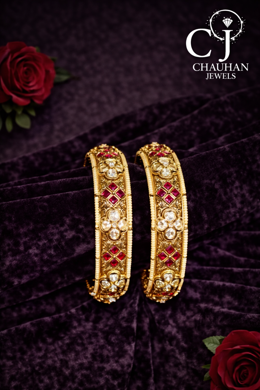 Chauhan Jewels Royal Gold-Plated Kangan Bangles with Ruby Red & Clear Cubic Zirconia (Pair)