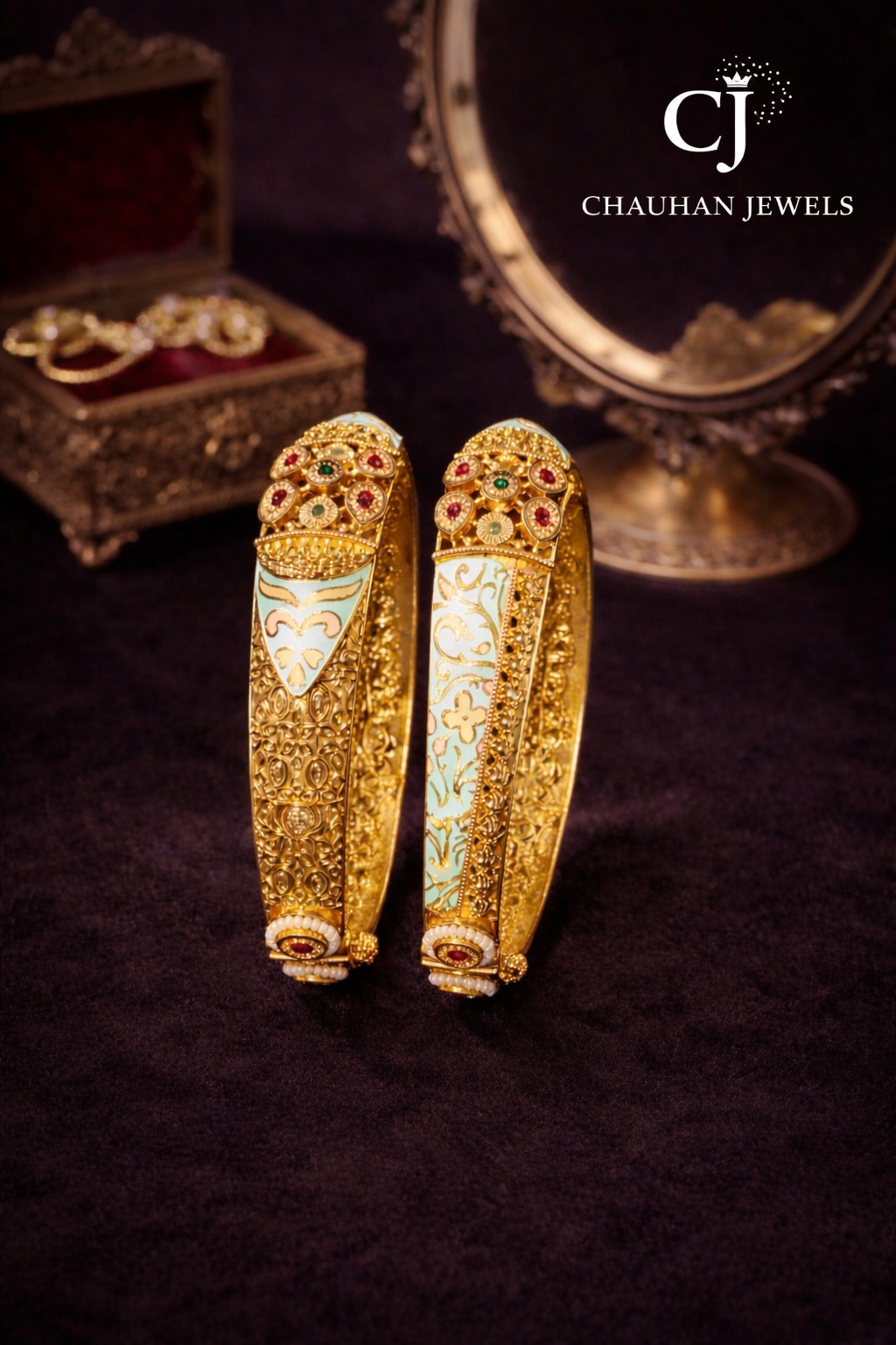 Gold Plated Meenakari & Cubic Zirconia Kada Bangles