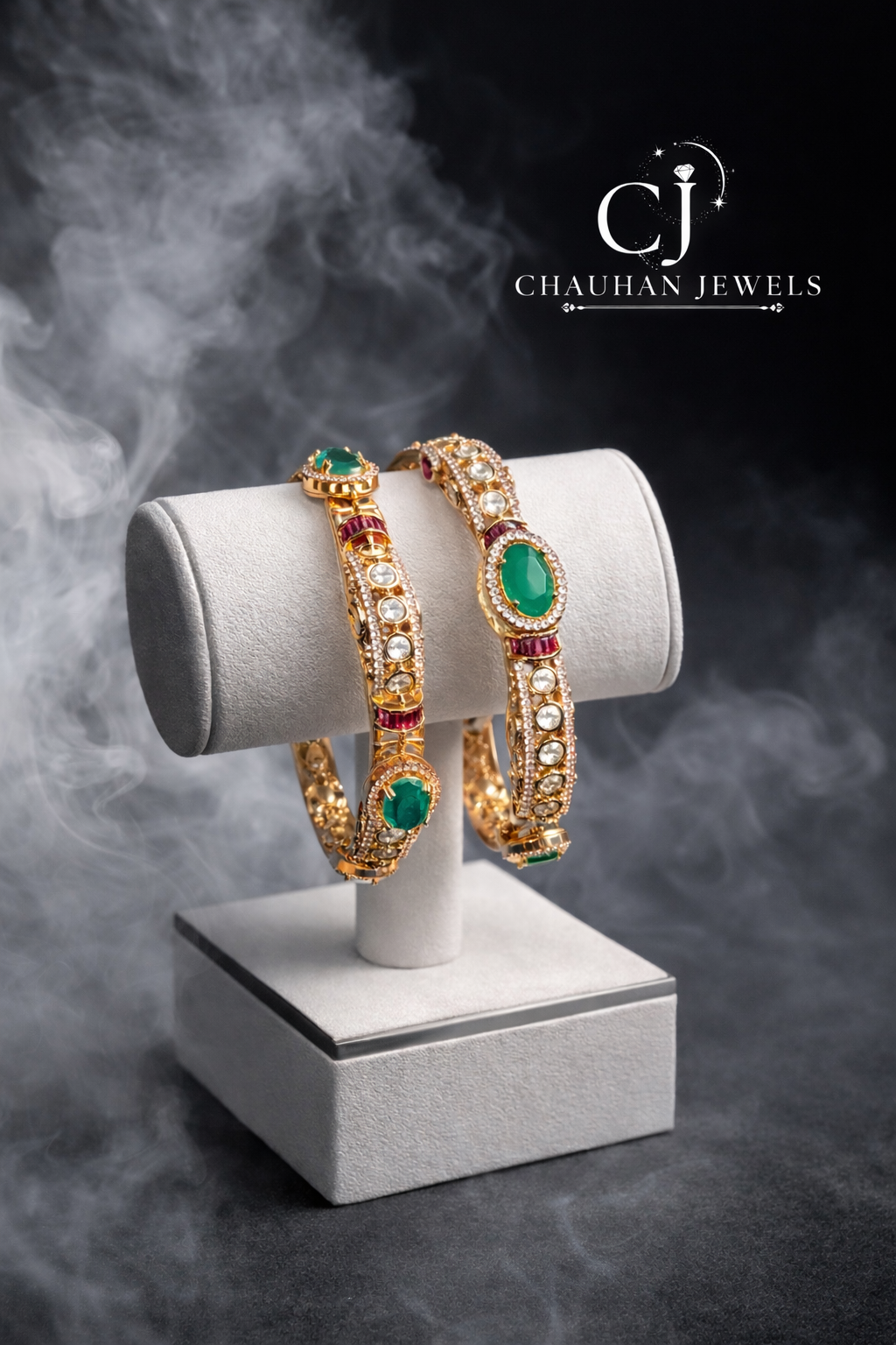 Regal Emerald-Green & Ruby-Accent Gold Plated Kada Bangles