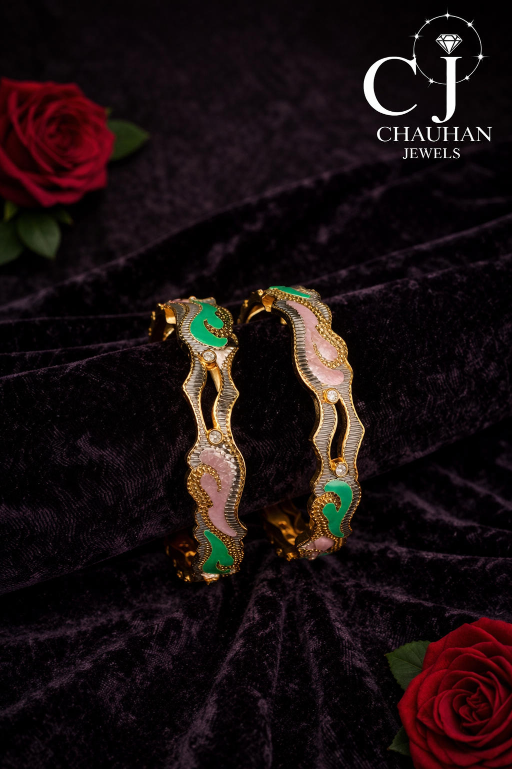 Regal Meenakari & Cubic Zirconia Gold-Plated Bangles (Pair)