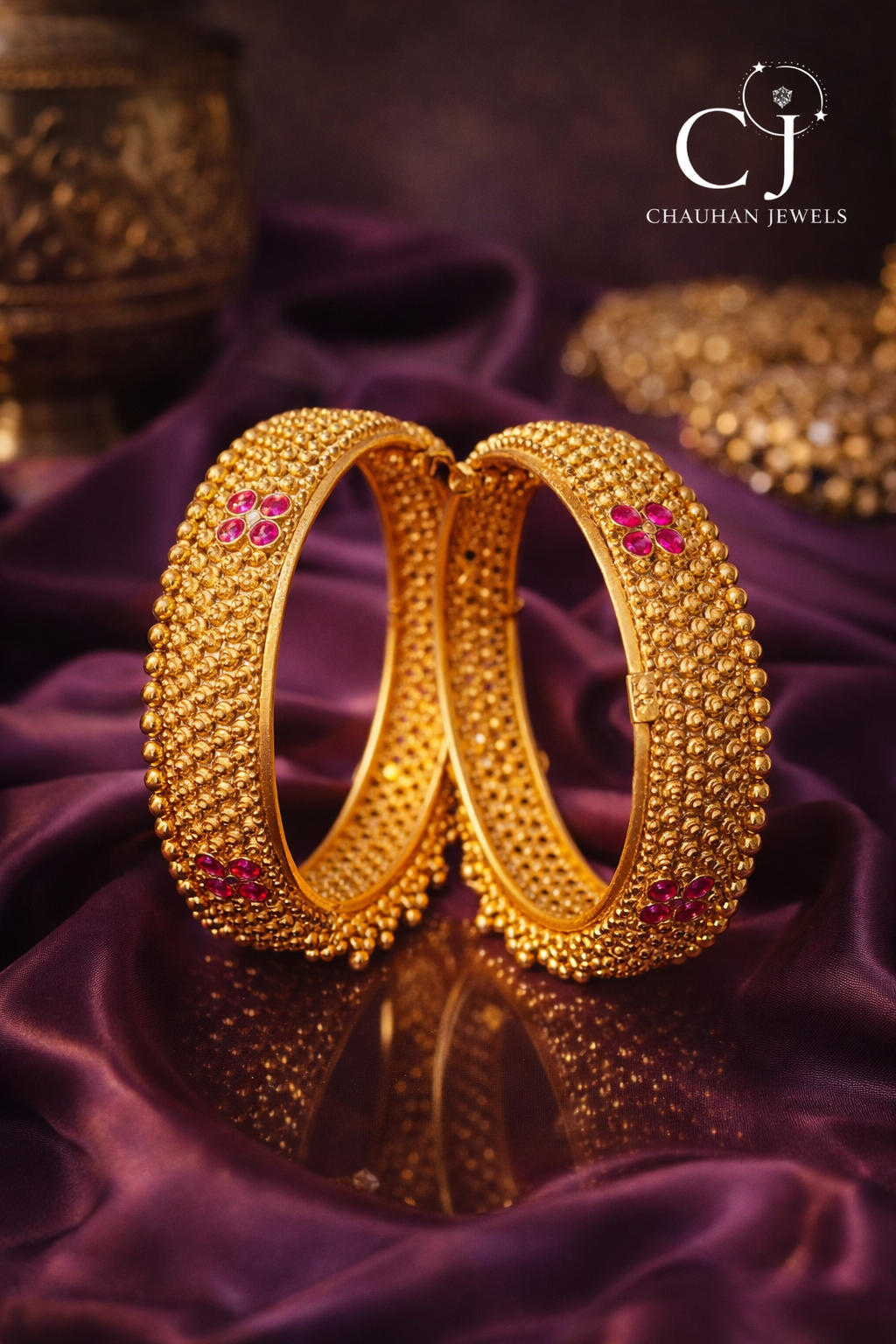 Radiant 24K Gold-Plated Kada Bangles with Ruby-Red Stones