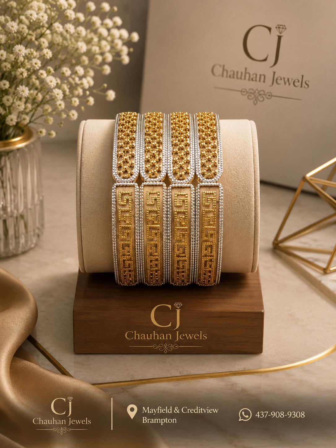Majestic Dual-Tone Filigree & Greek Key Kada Bangle Set
