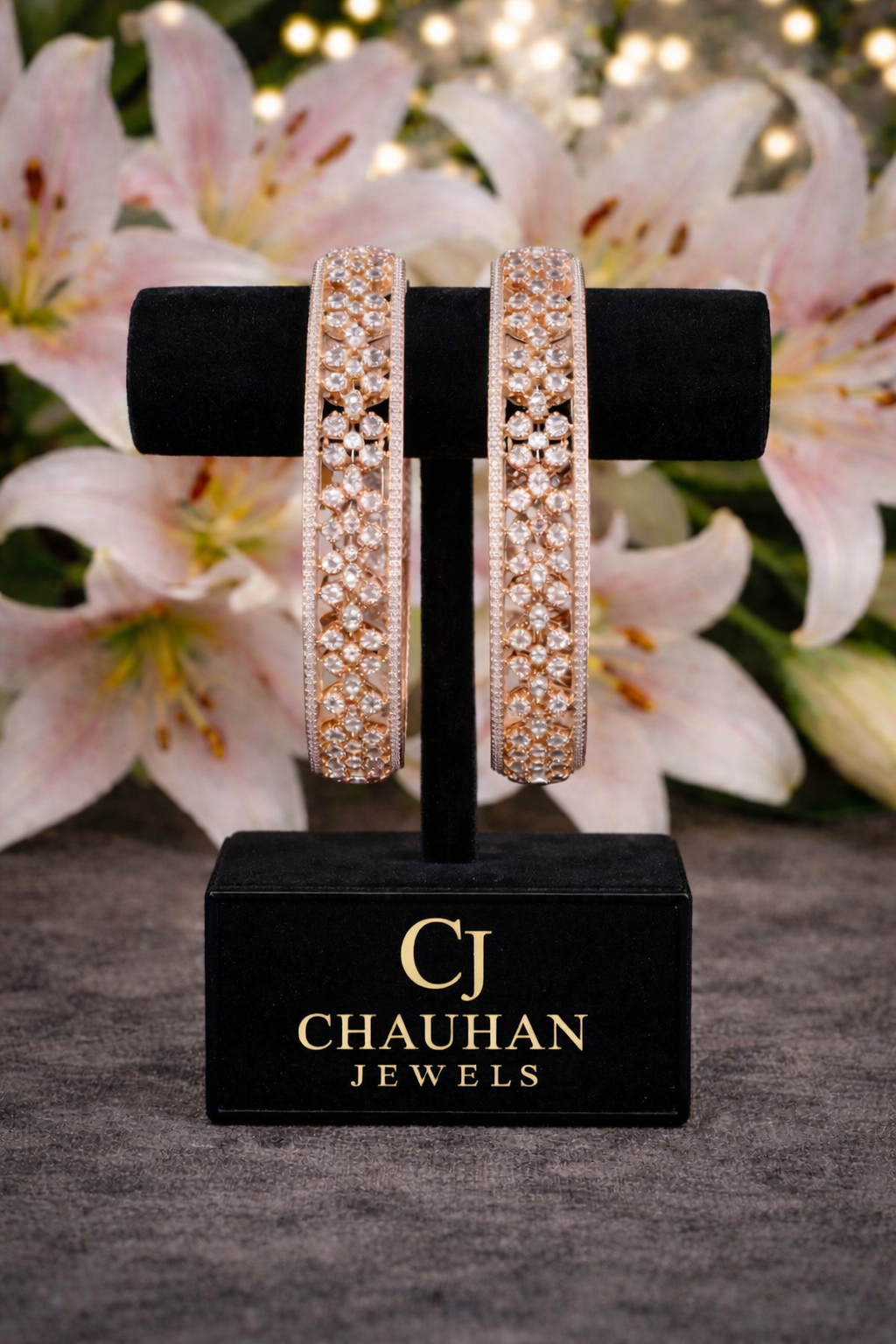 Elegant Gold Plated Floral Cubic Zirconia Kada Bangles (Pair)