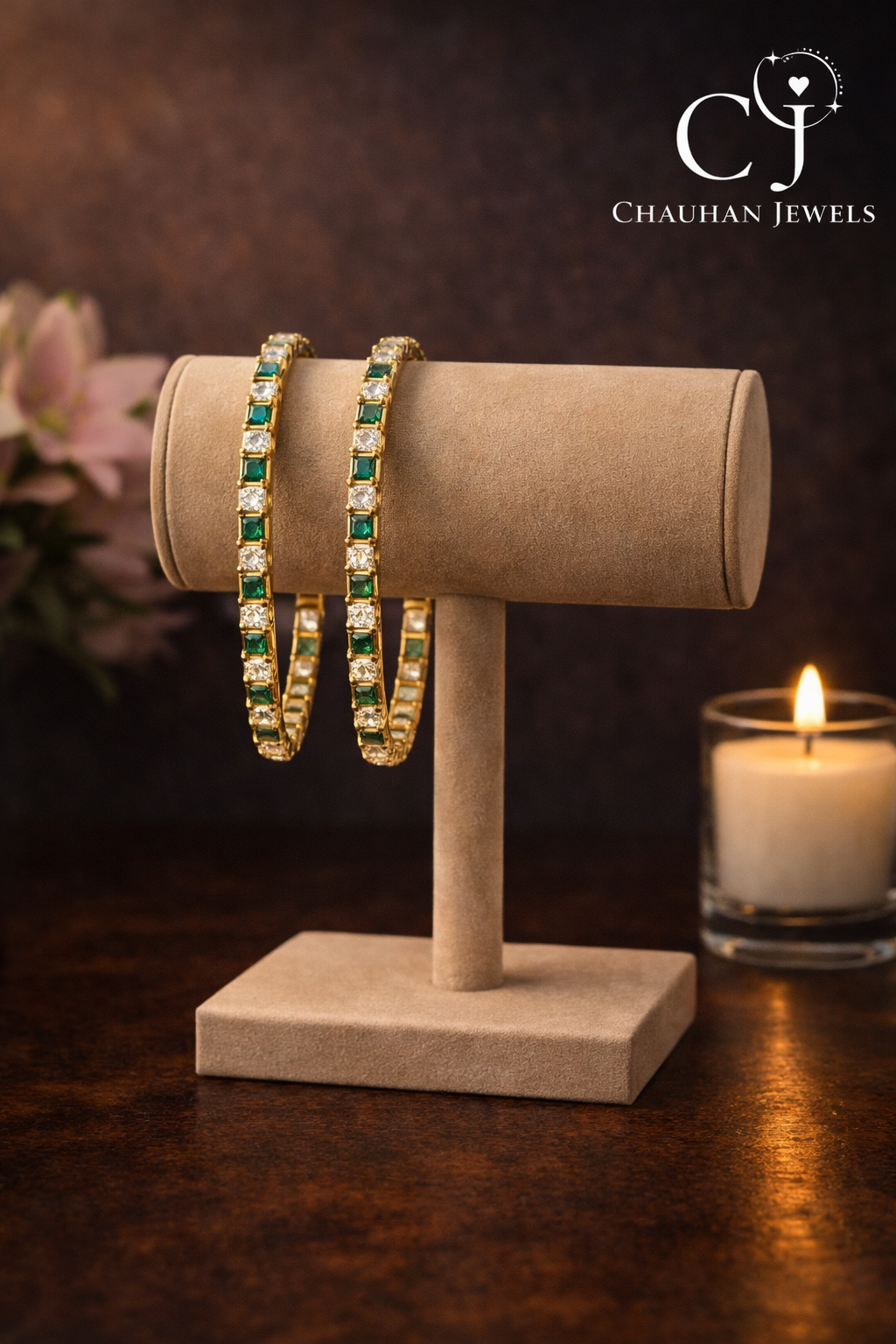 Radiant Emerald & White CZ Gold-Plated Bangles (Set of 2)