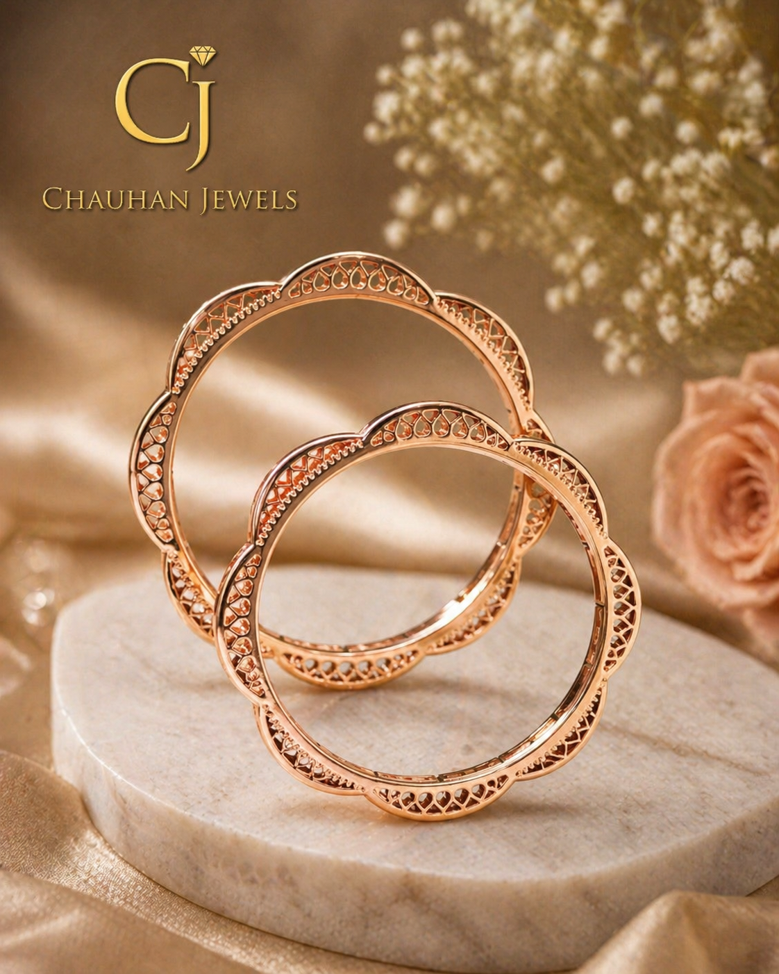 Elegant Rose Gold Plated Scalloped Bangles with Cubic Zirconia – Set of 2