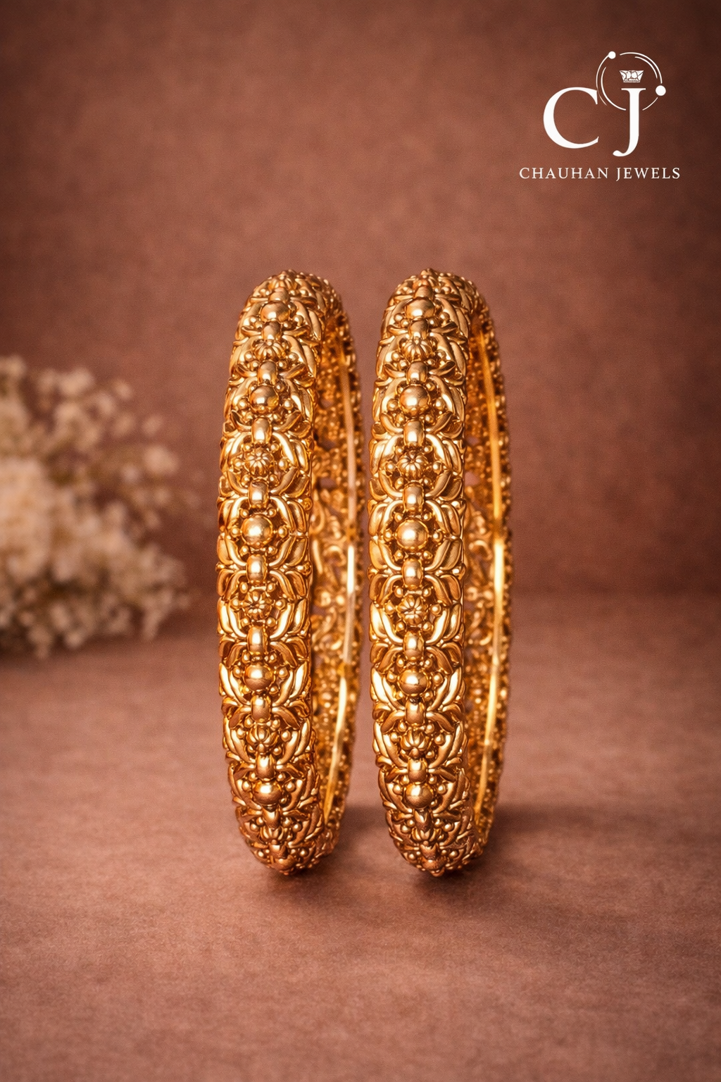 Antique Gold Plated Floral Cubic Zirconia Bangles (Pair)