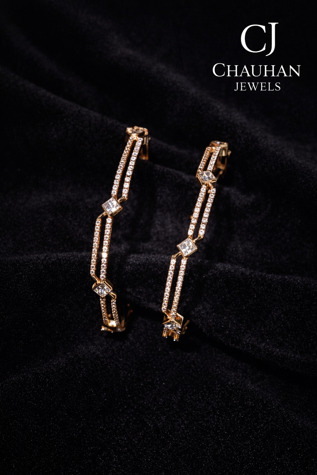 Elegant Gold Plated Cubic Zirconia Geometric Bangles (Pair)