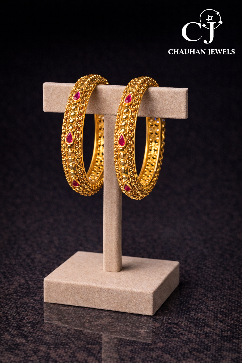 Exquisite Gold Plated Cubic Zirconia & Ruby Red Kangan Bangles (Pair)