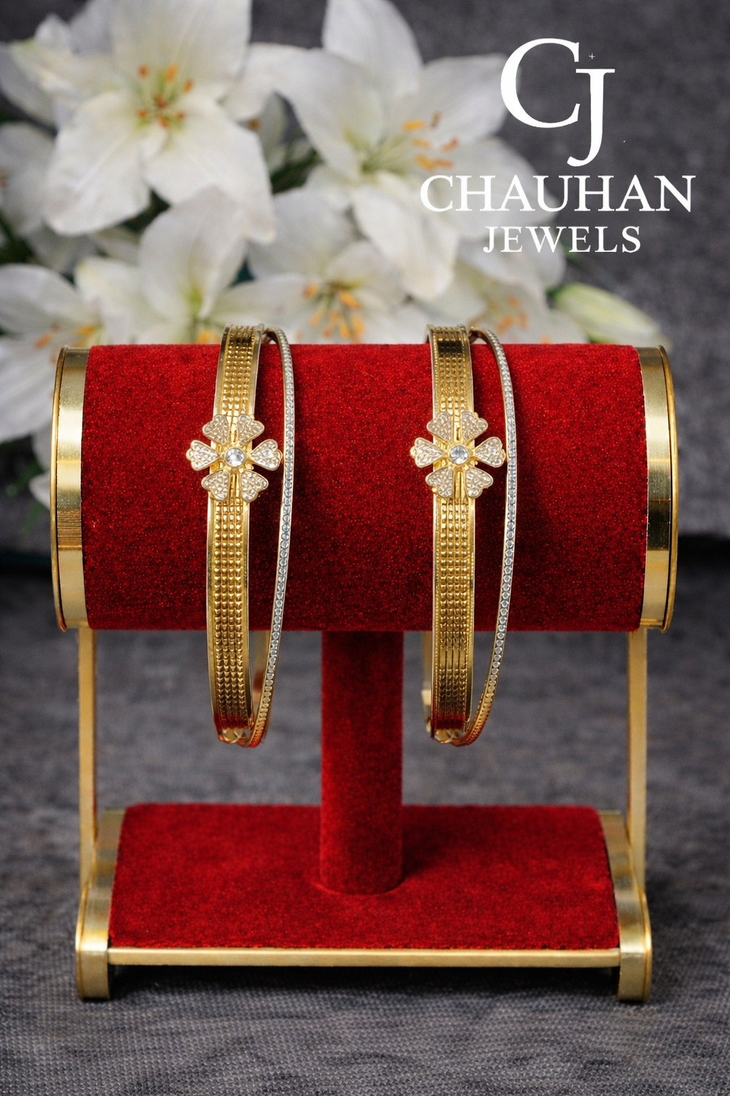 Luxurious Gold Plated Floral Cubic Zirconia Kada Bangles