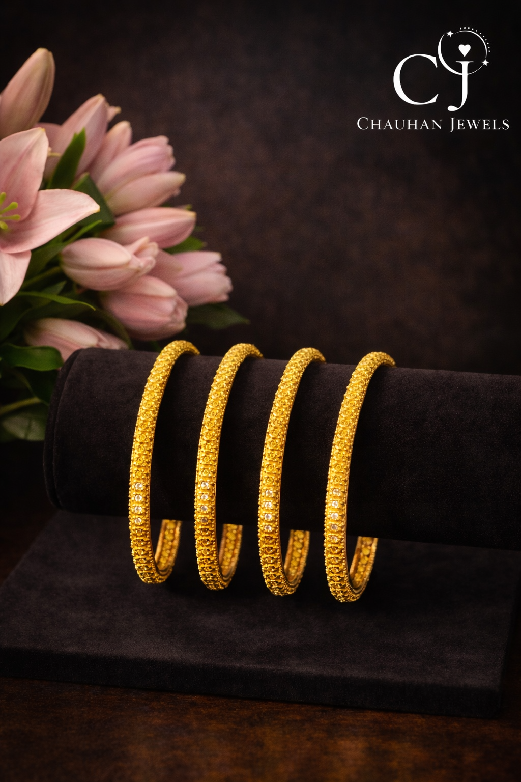 24k Gold Plated Classic Cubic Zirconia Kada Bangles (Set of 4)