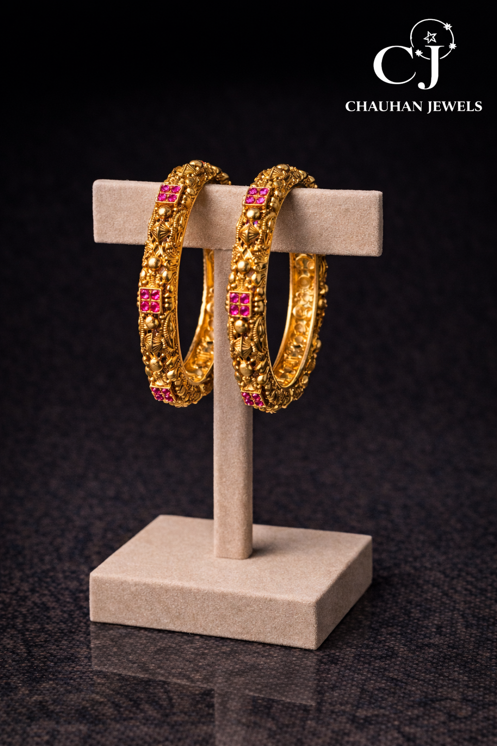 Elegant Gold-Plated Ruby Cubic Zirconia Antique Bangles
