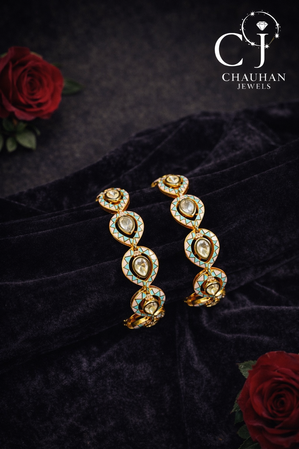 Chauhan Jewels Elegant Gold-Plated CZ & Mint Meenakari Bangles (Set of 2)