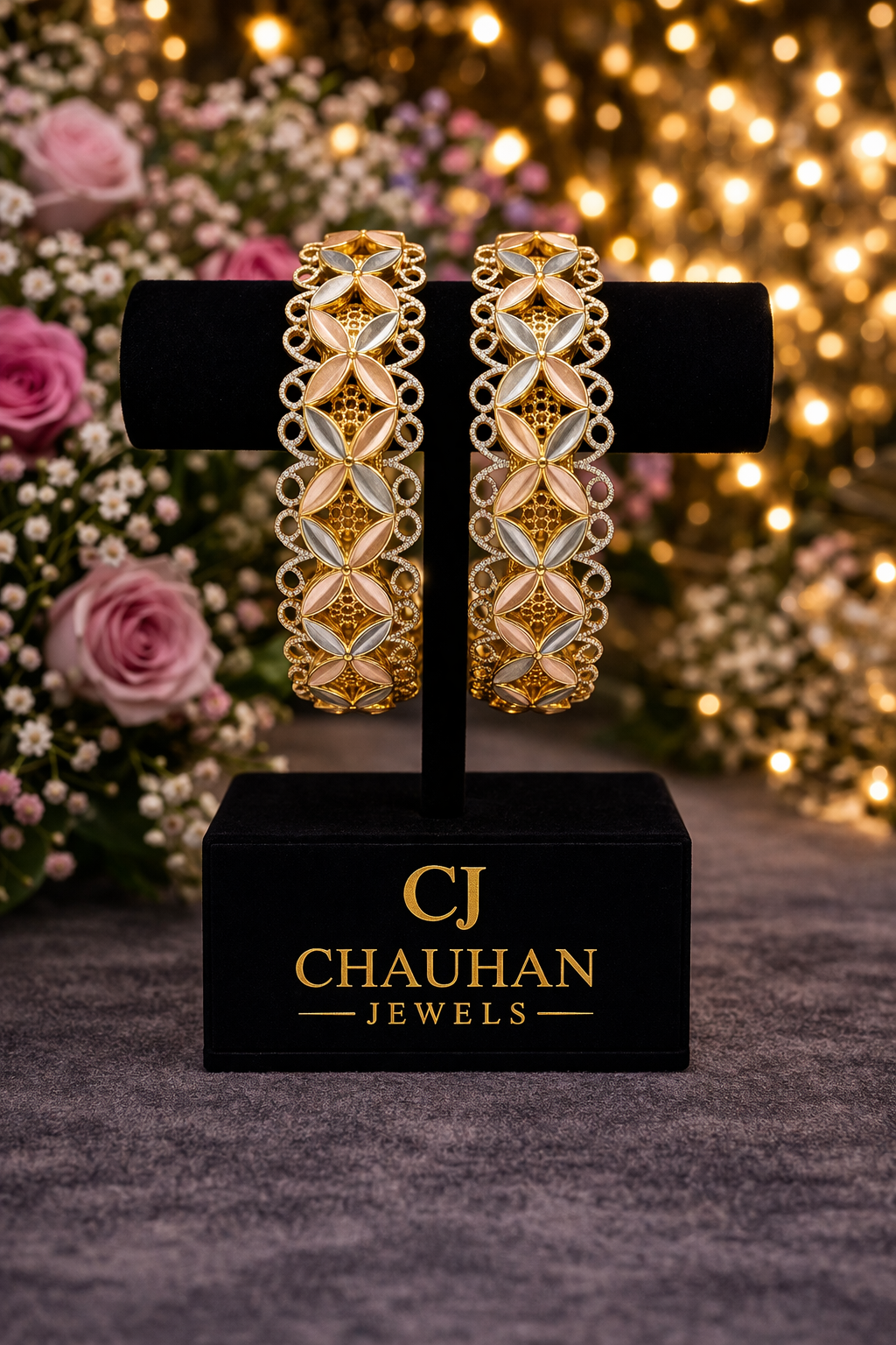 Elegant Floral Kada-Style Cubic Zirconia Gold Plated Bangles (Pair)