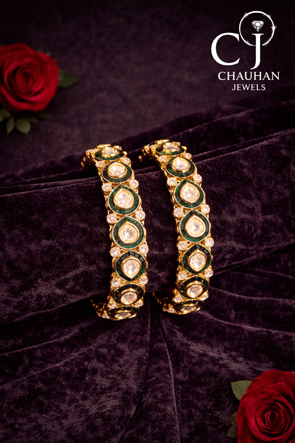 Elegance Redefined: Gold-Plated CZ & Emerald-Green Meenakari Kada Bangles (Pair)