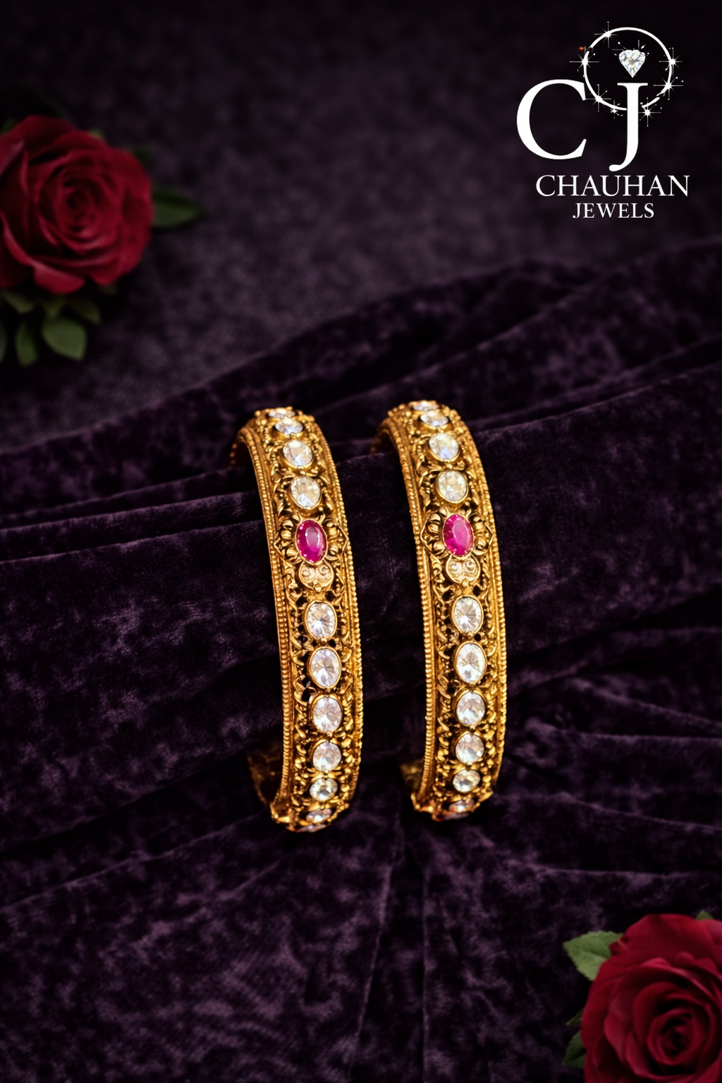 Elegant Gold Plated Royal CZ & Ruby Bangles (Pair)