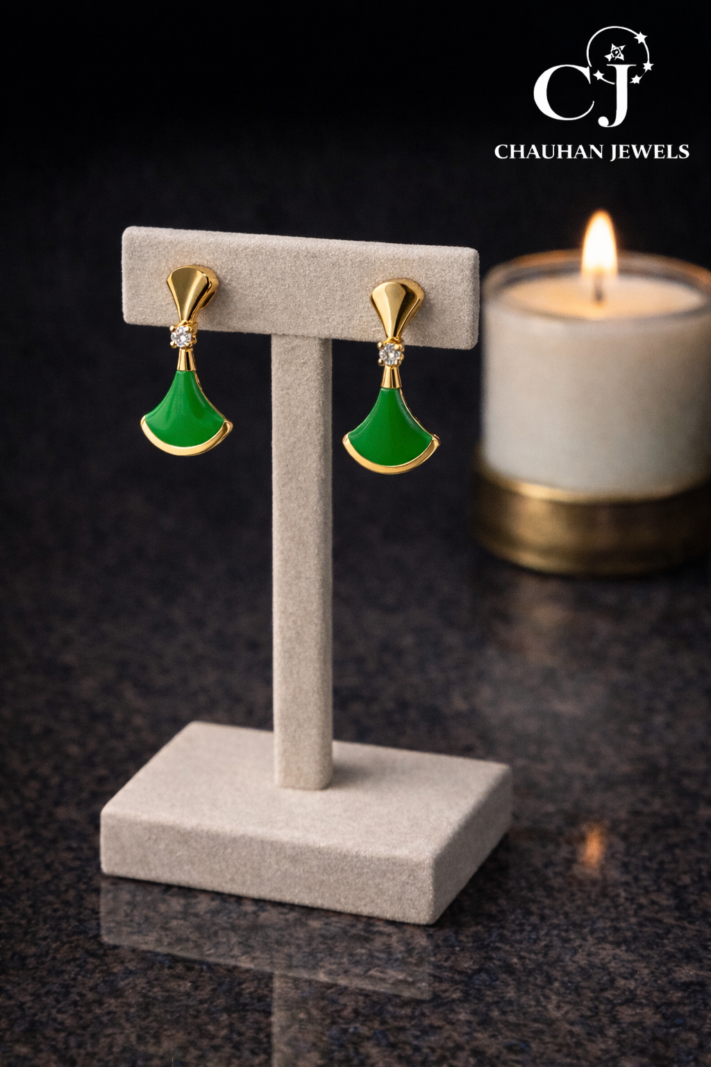 Elegant Gold Plated Fan-Shaped Drop Earrings with Vibrant Green Stone and Cubic Zirconia