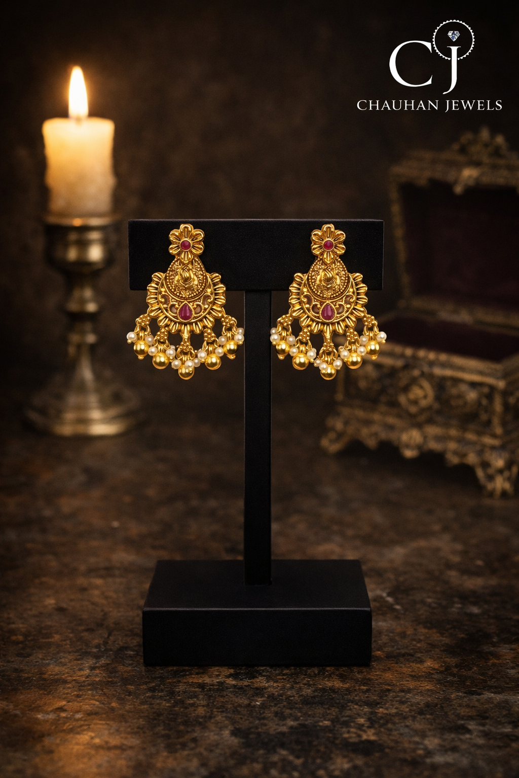 Antique Gold-Plated CZ & Ruby Red Drop Earrings