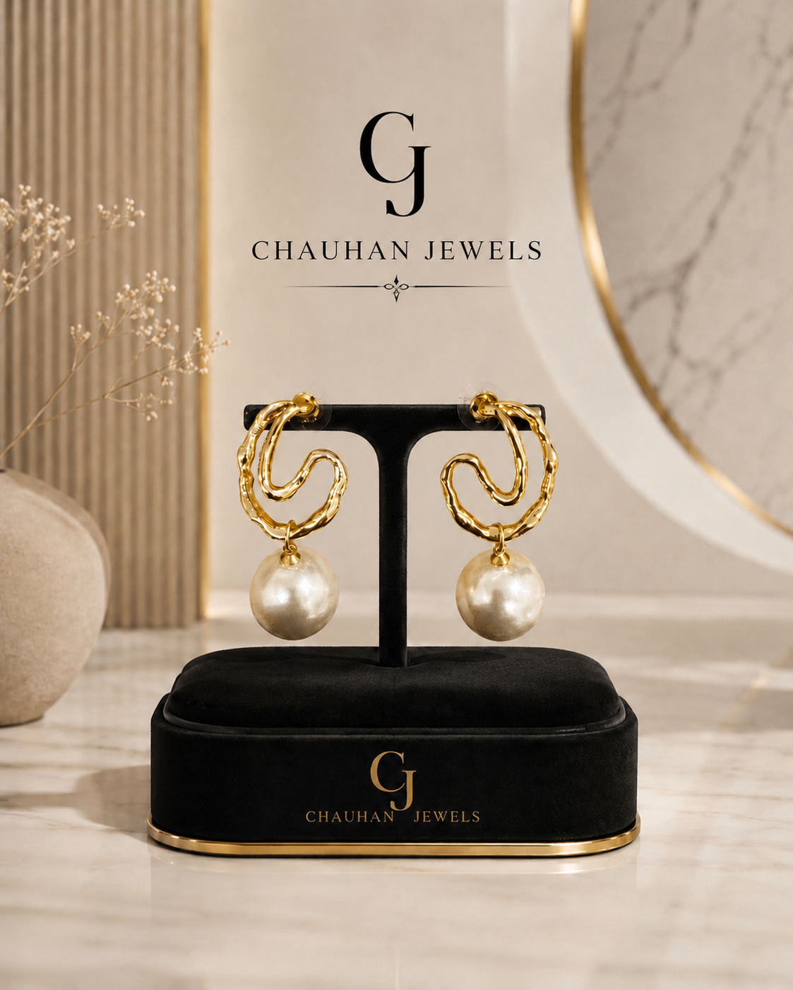 Gold Plated Textured Hoop & Pearl Drop Earrings