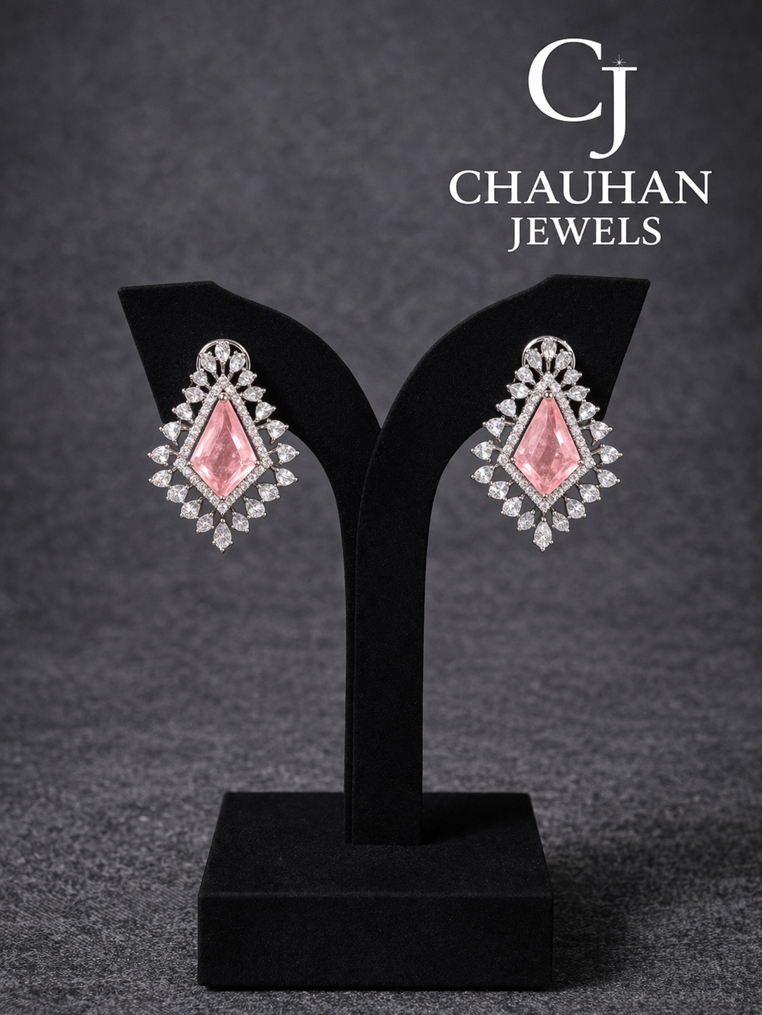 Elegant Kite-Cut Pink Stone Diamond Halo Statement Earrings