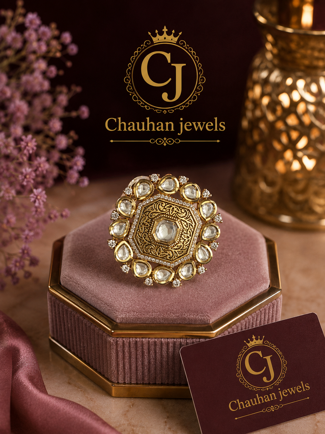 Gold Plated Octagonal Statement Ring with Cubic Zirconia Polki Borde