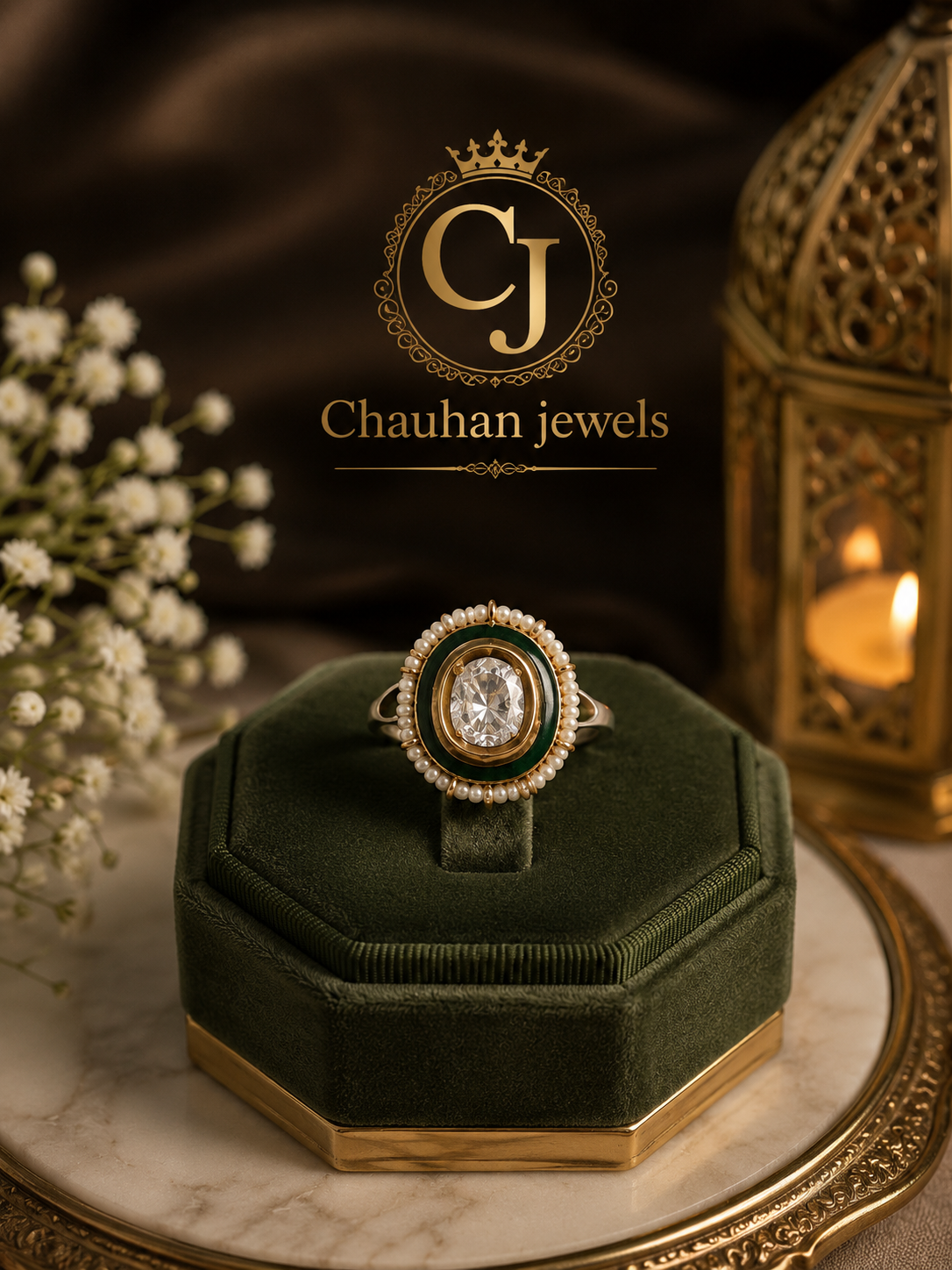 Traditional Gold Plated Pearl & Emerald Green Oval Cocktail Ring