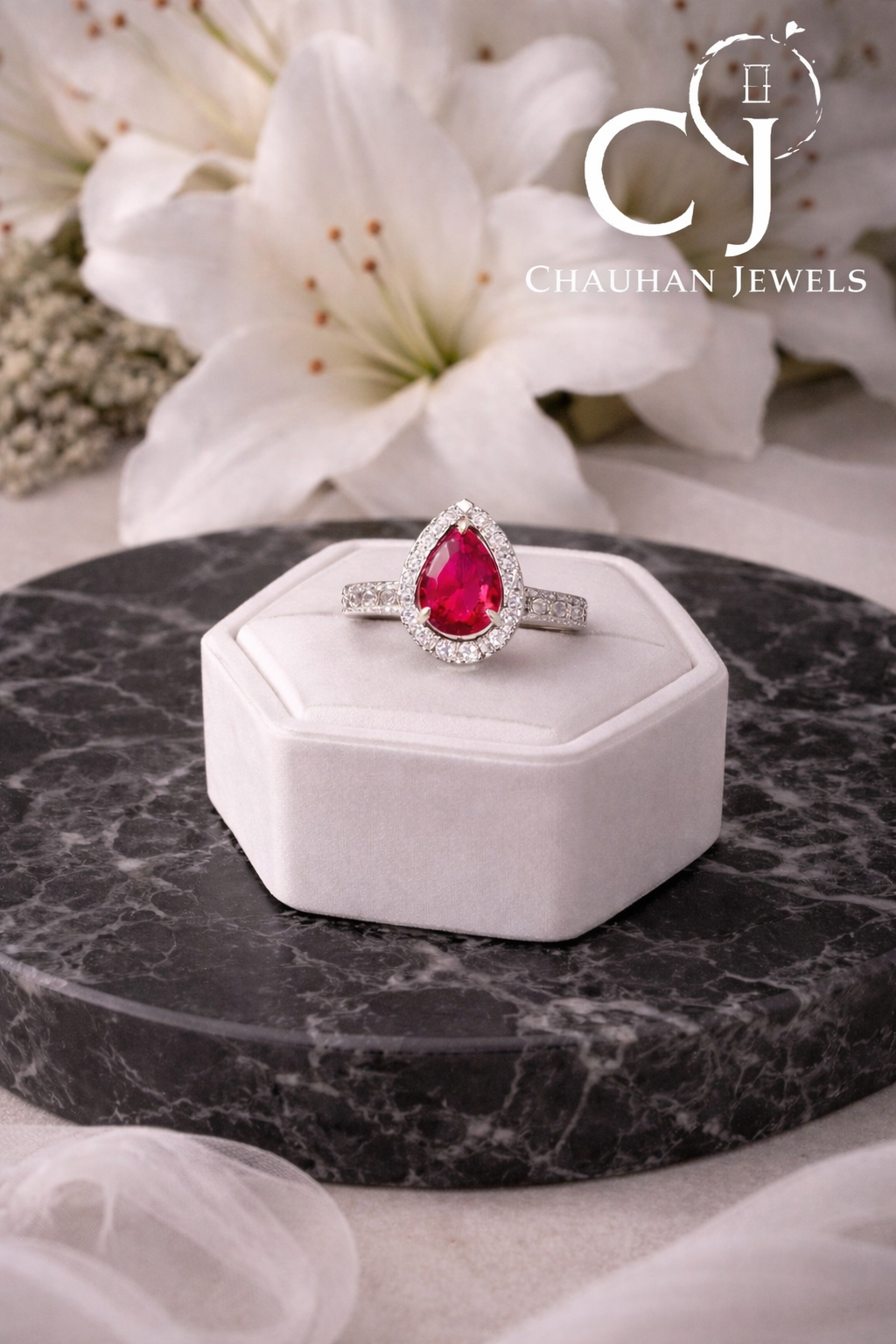 Pear Cut Ruby Red Statement Ring with Cubic Zirconia Halo
