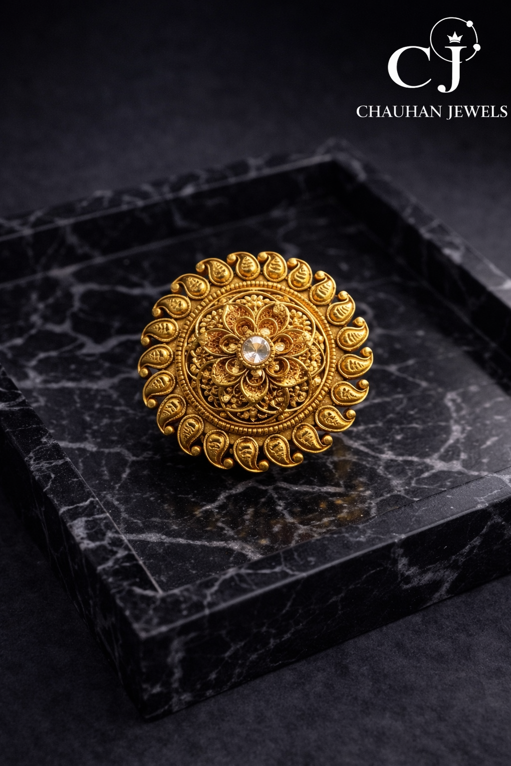 Gold Plated Paisley Mandala Statement Ring with Cubic Zirconia Center