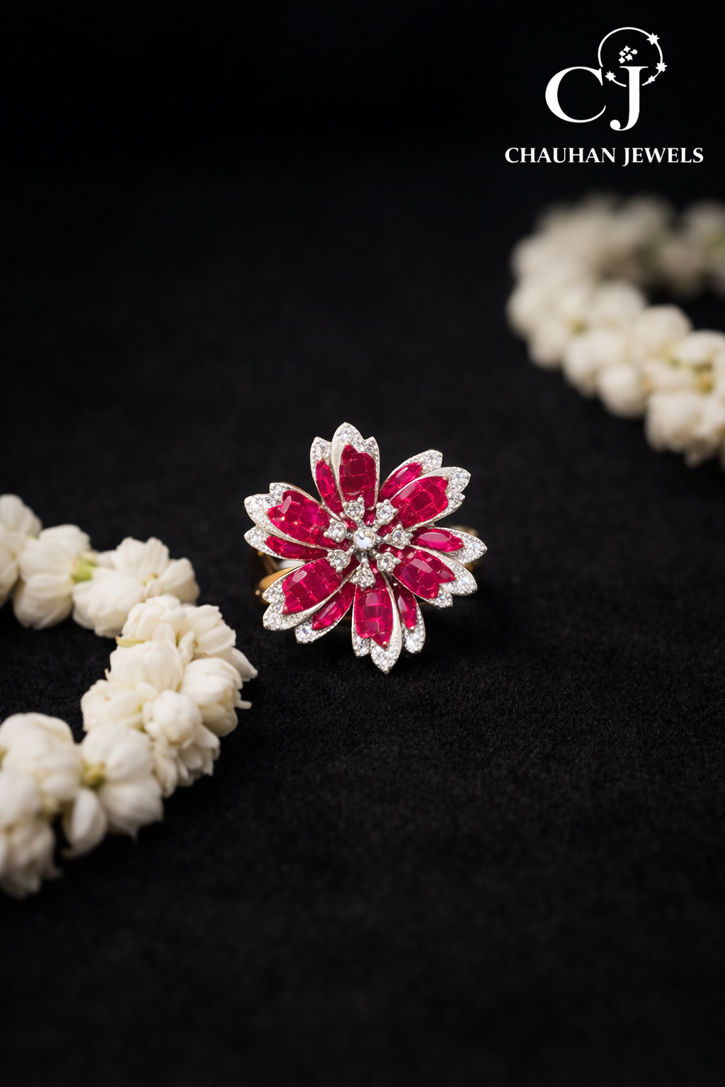 Gilded Ruby-Red Blossom Statement Ring