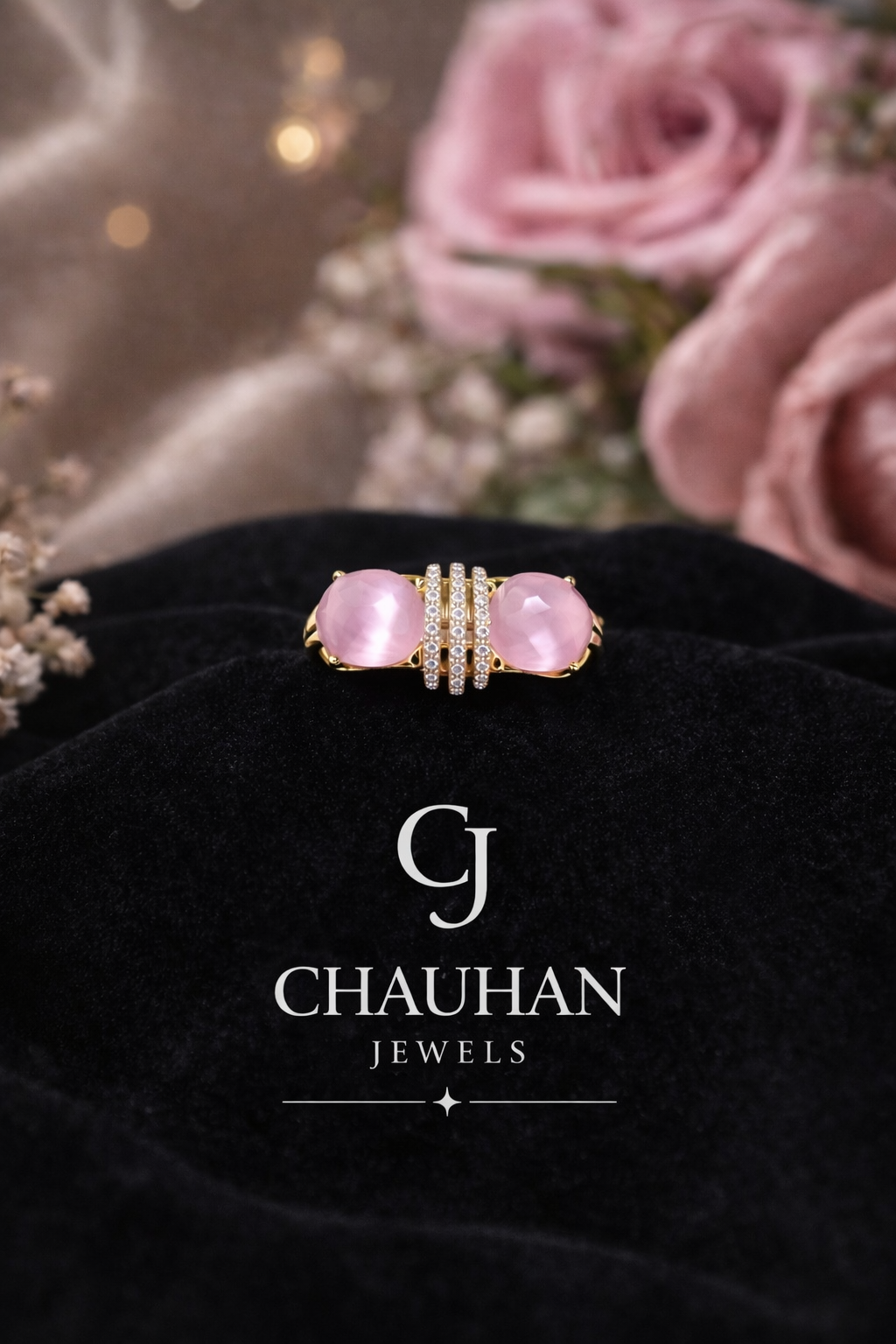 Elegant Gold-Plated Twin Rose Quartz-Style Statement Ring