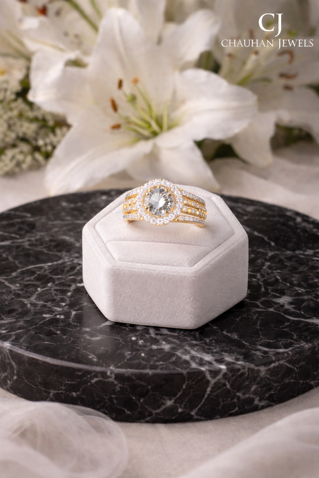 Stunning 18K Gold Plated Halo Cubic Zirconia Statement Ring