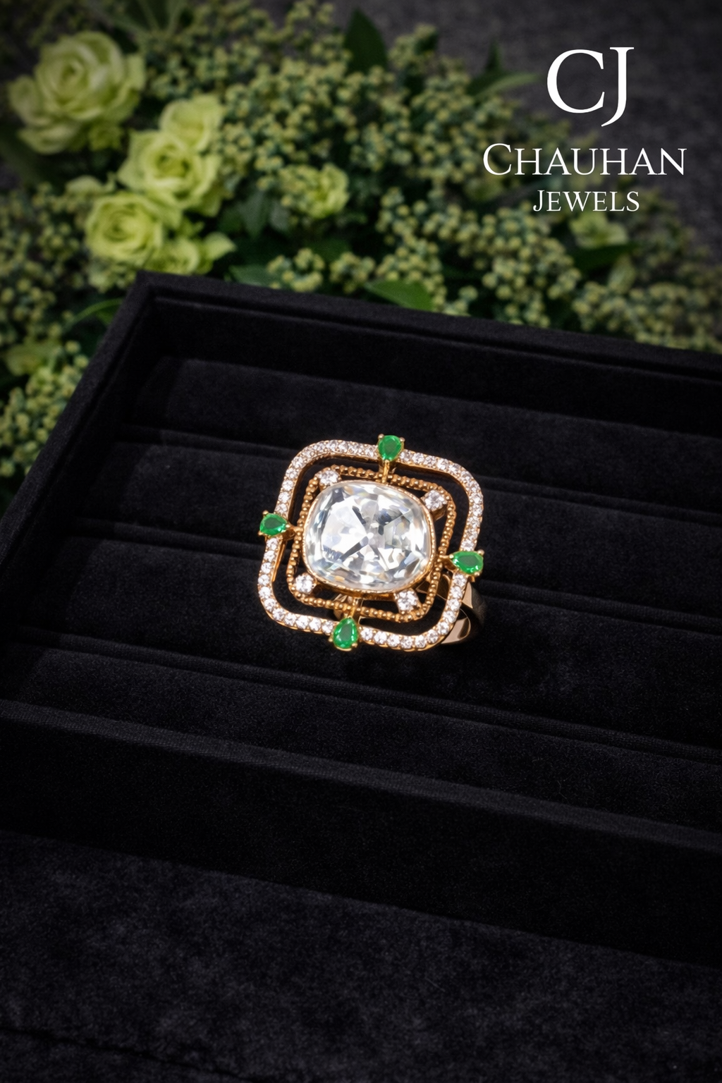Vintage Cushion Cut Statement Ring with Emerald Accents in Rose Gold