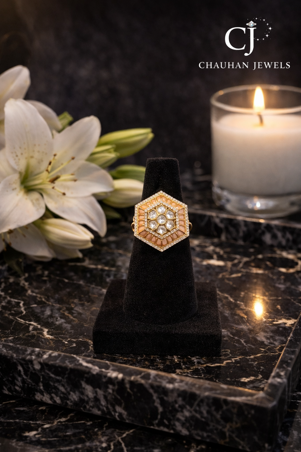 Hexagonal Polki-Style Cubic Zirconia & Peach Meenakari Gold Plated Statement Ring