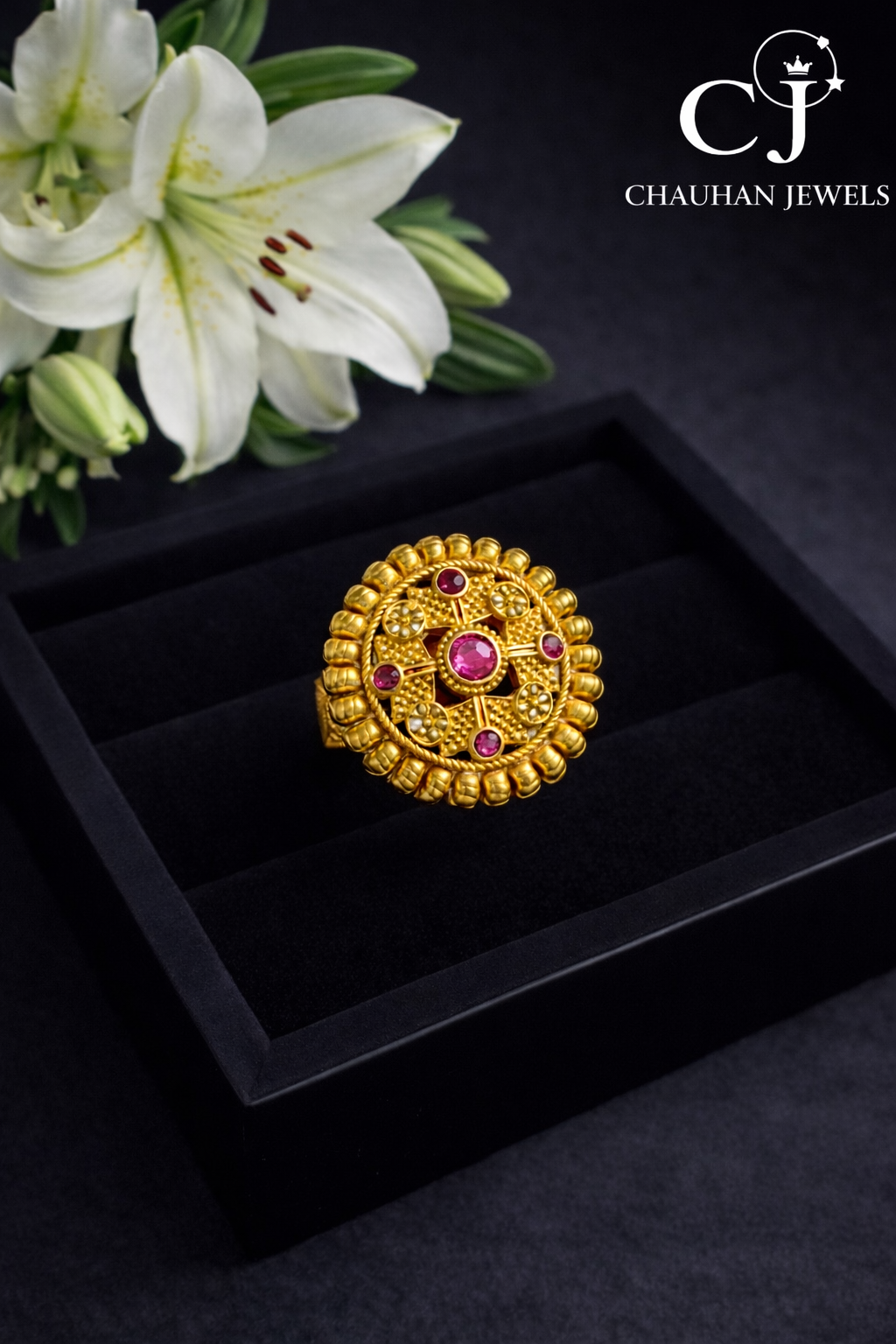 Imperial Crimson Blossom Gold-Plated Statement Ring