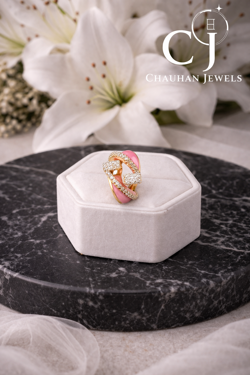 Radiant Twist: Gold-Plated Pink Enamel & Cubic Zirconia Statement Ring