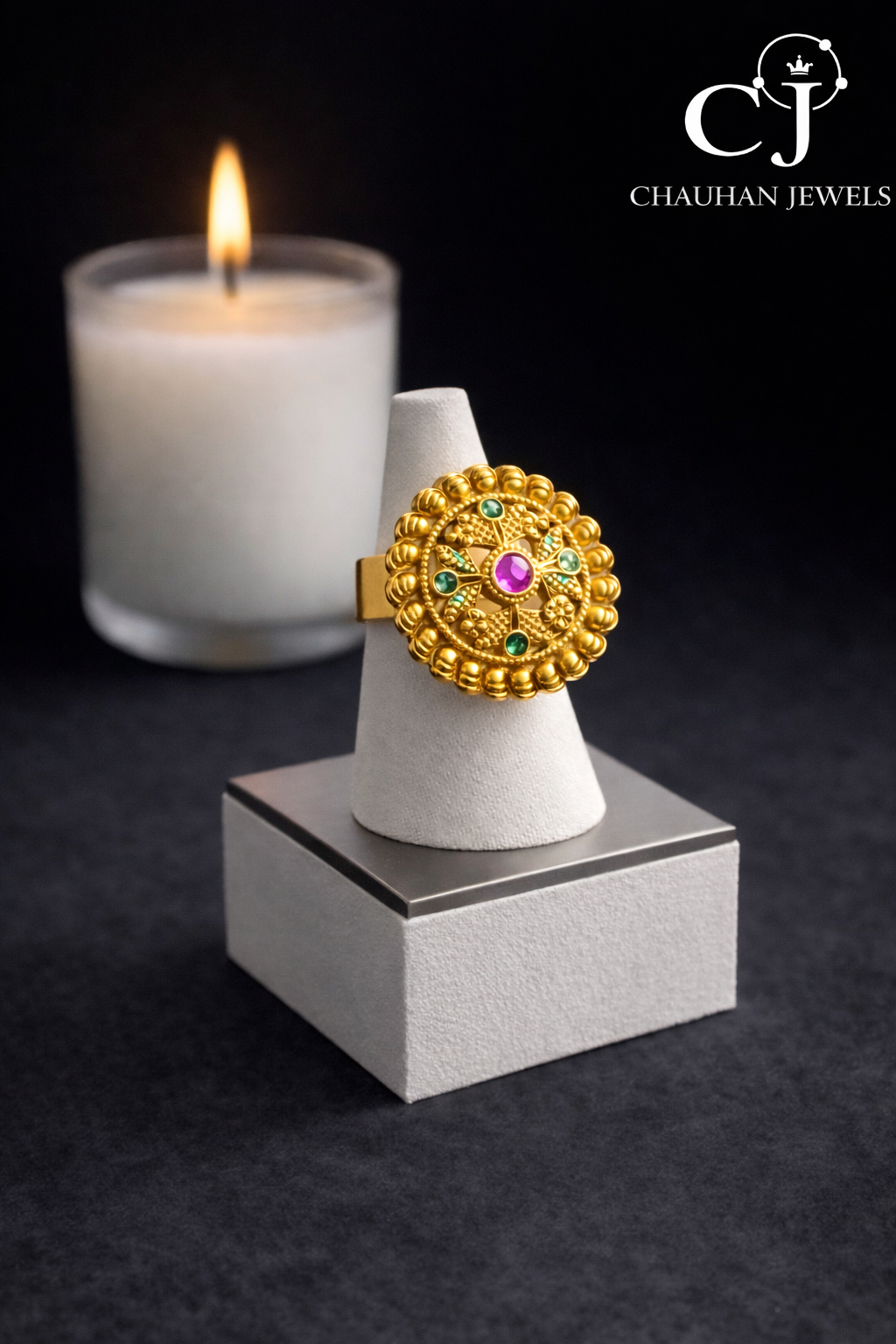 Traditional Gold Plated Kundan-Style Adjustable Cocktail Ring