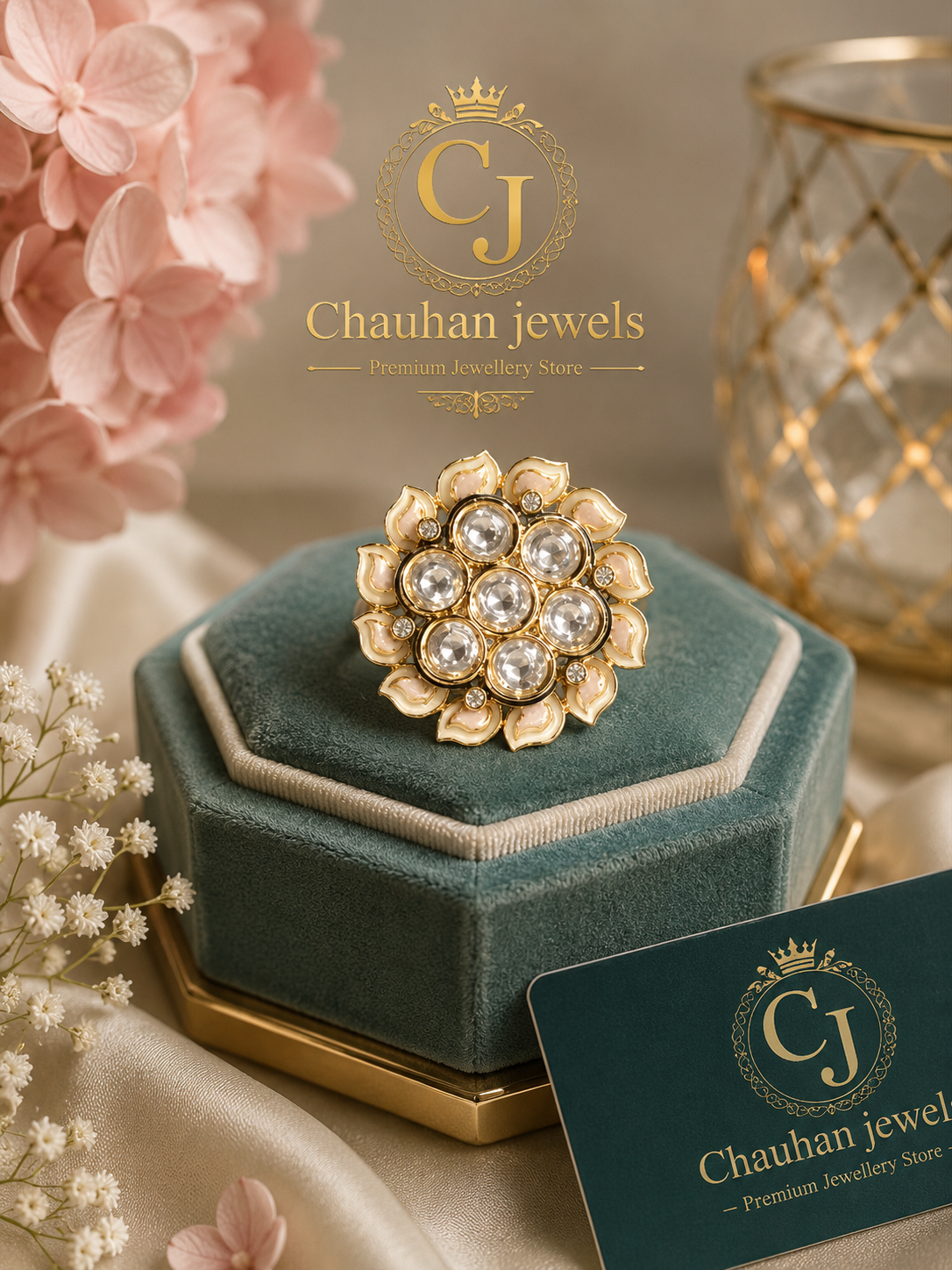 Gold Plated Meenakari Floral Statement Ring with Cubic Zirconia Cluster