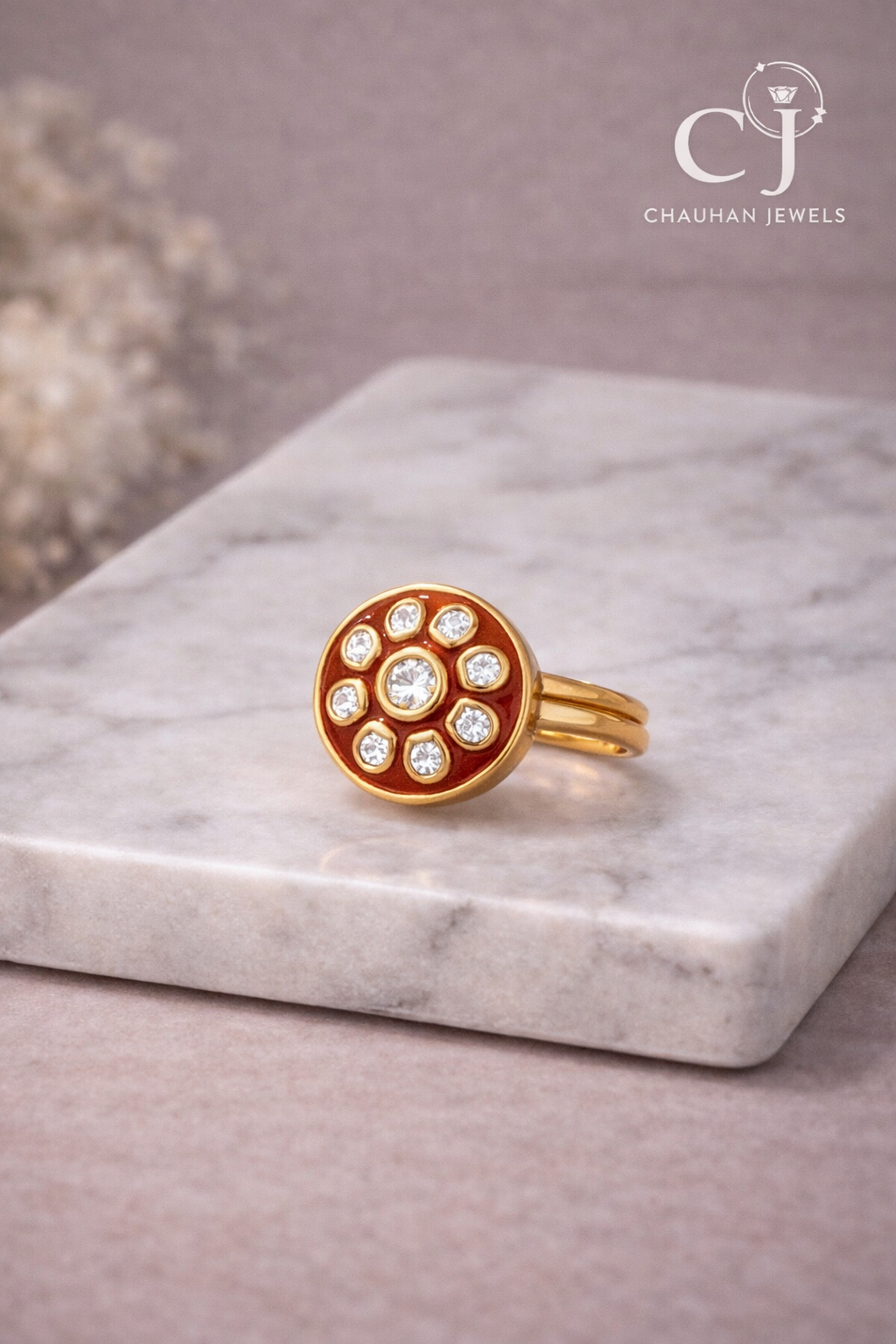 The Crimson Petal Enamel & CZ Shield Cocktail Ring
